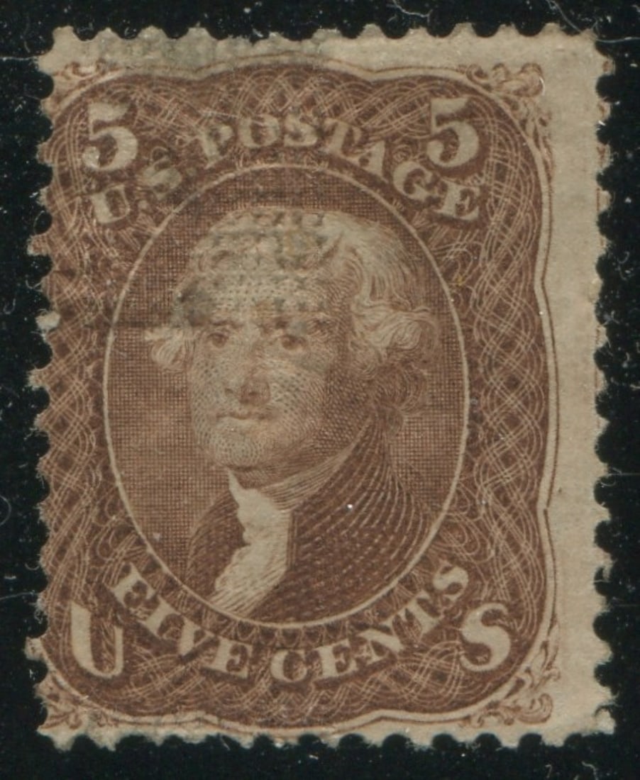 USA 1867 #95 5c Brown "Split Grill" Mint VG: USA 1867 #95 5c Brown "Split Grill" Mint VG. Part OG, 2 small thins, with some soaked gum. Included with a 2000 PSE cert. Scott- $3,750.