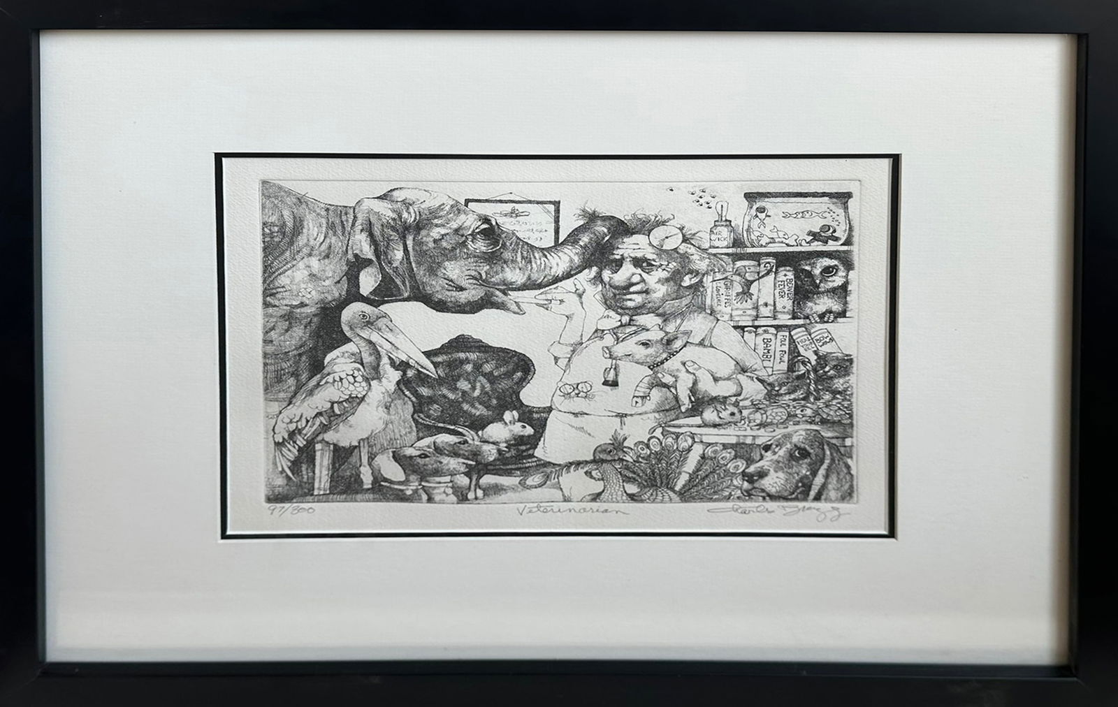 "Veterinarian" by Charles Bragg – Signed Limited Edition Etching, No. 97/300 - Humorous Animal Art: Offered here is a superbly detailed, hand-signed limited edition etching titled "Veterinarian" by the late, renowned American satirical artist Charles Bragg (1931–2017). Bragg is celebrated for his