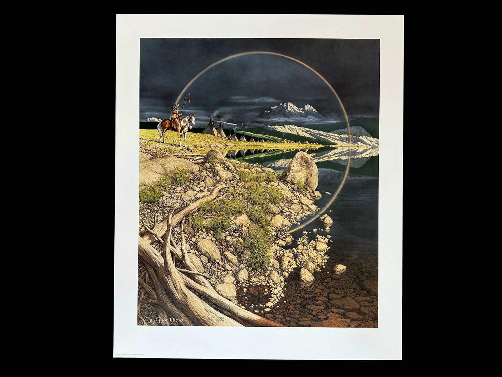 Bev Doolittle's "The Sentinel" Limited Edition Print: Bev Doolittle's "The Sentinel" limited edition print, signed and numbered 4957/35000 lower left. "The mood for 'The Sentinel' painting comes from a memory I have of an early evening walk I took in the