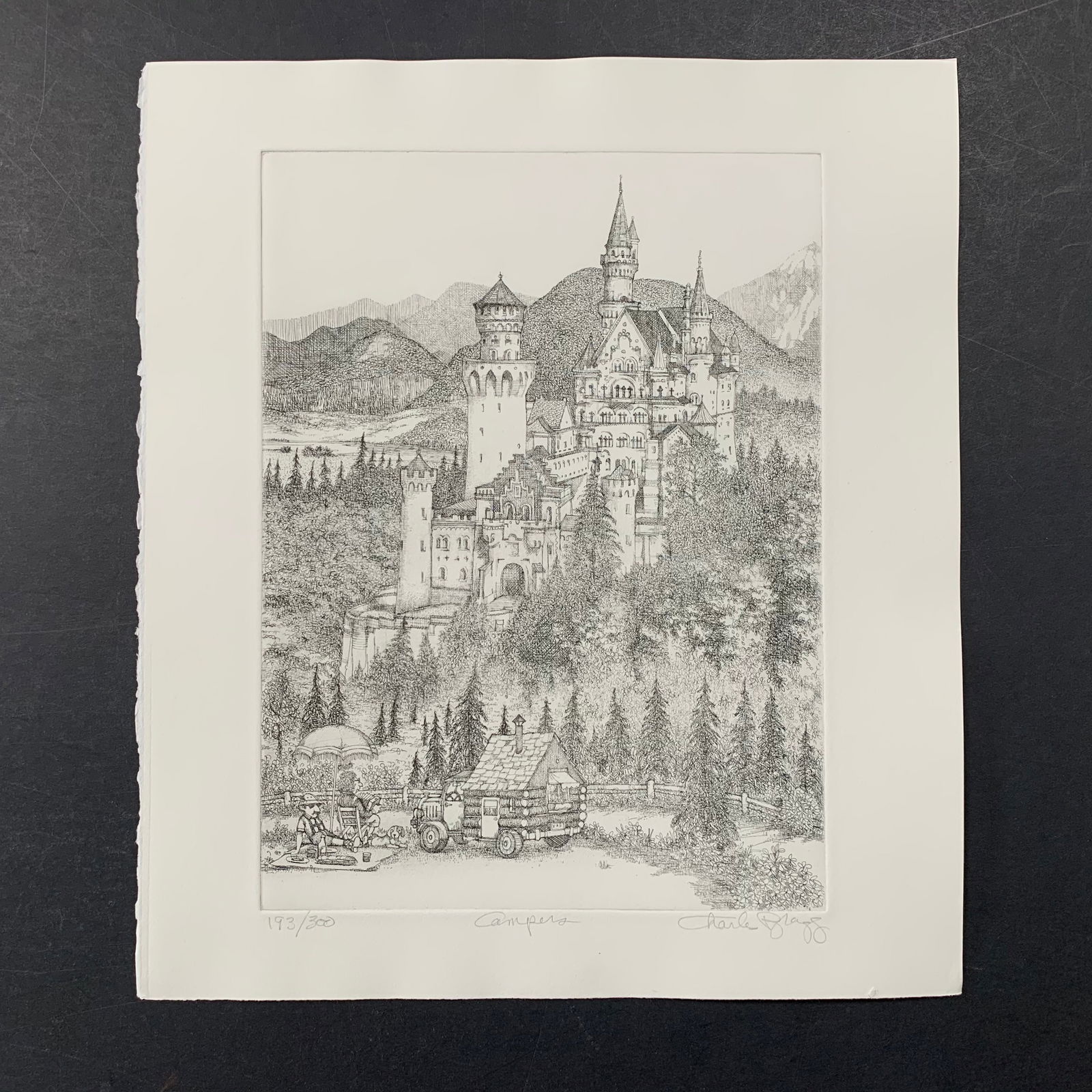 Charles Bragg's "Campers" Limited Edition Print: Charles Bragg's "Campers" limited edition print, signed lower right and numbered 193/300 lower left. This piece is of a two people camping out in front of a large castle. This piece is in excellent co