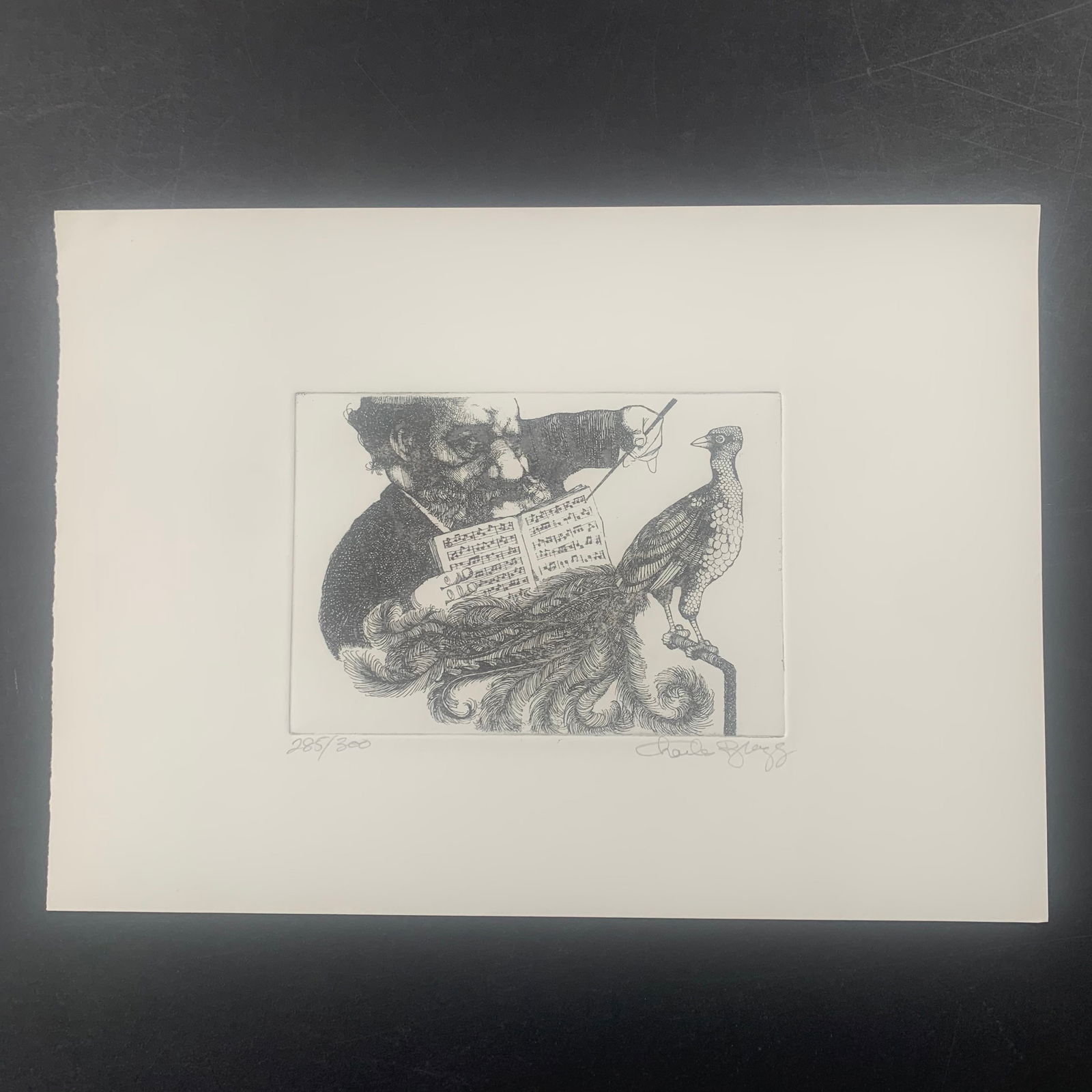 Charles Bragg's "Music Lesson" Limited Edition Print: Charles Bragg's "Music Lesson" limited edition print, signed lower right and numbered 285/300 lower left. This piece is of a music teacher teaching a peacock music, and is in excellent condition. Imag