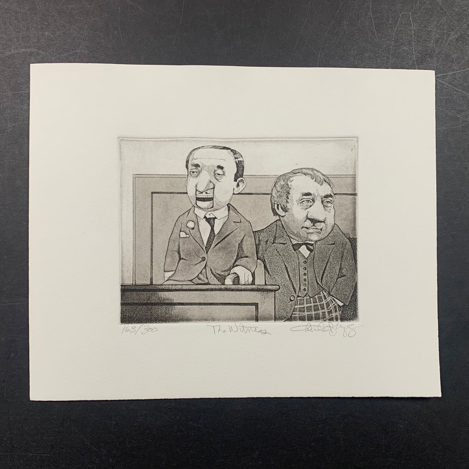 Charles Bragg's "The Witness" Limited Edition Print: Charles Bragg's "The Witness" limited edition print, signed lower right and numbered 163/300 lower left. This piece is of a lawyer questioning a witness on the stand. This piece is in excellent condit