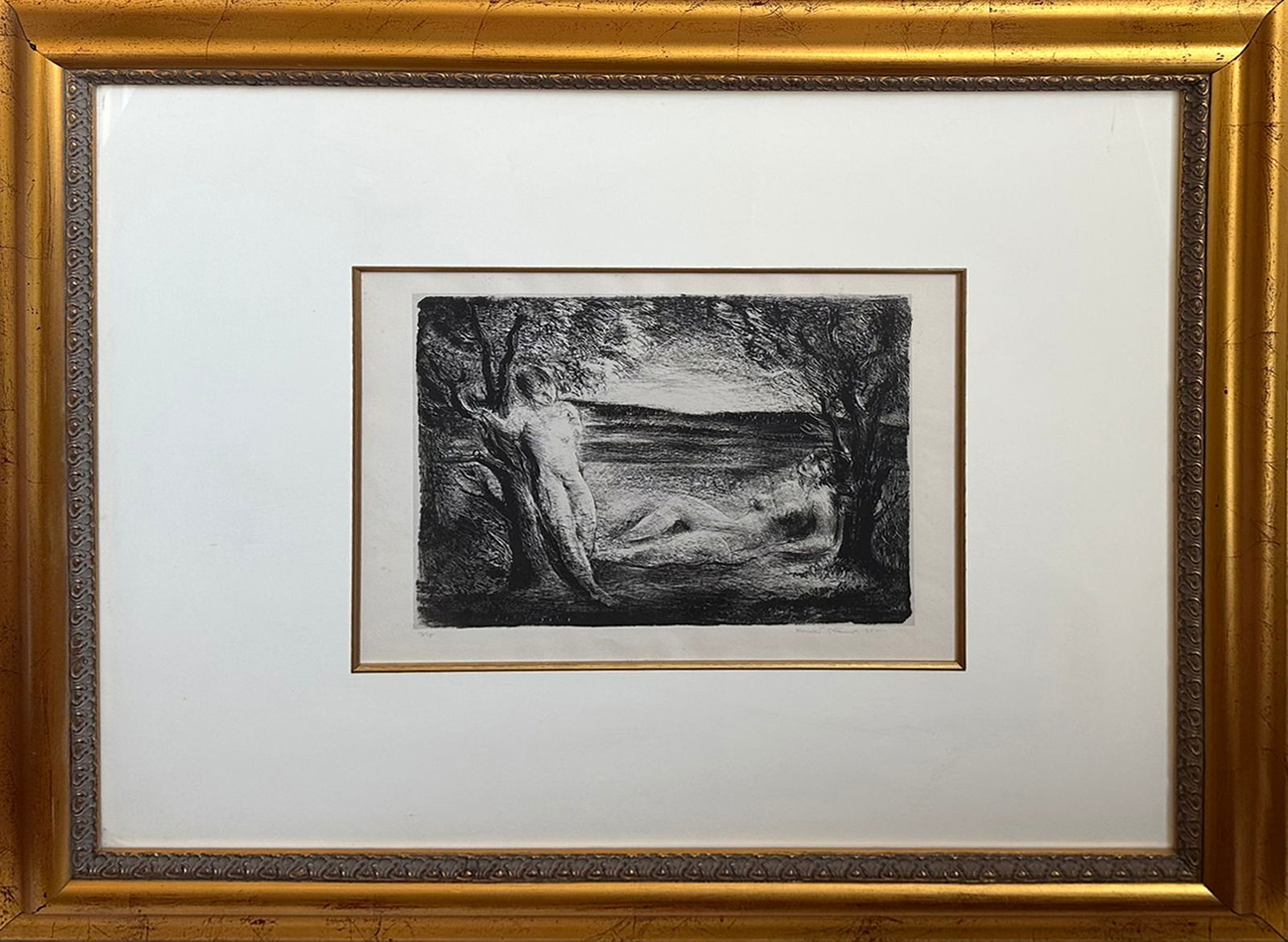 Konrad Cramer (1888–1963) - Reclining Nude in Landscape, 1935 Original Limited Edition Etching -: This rare and evocative original etching by renowned modernist Konrad Cramer captures a serene, dreamlike scene of two nude female figures enveloped in a lush landscape. Created in 1935 and hand-signe