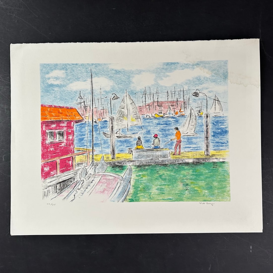 Pat Berger's "Fishing Dock" Limited Edition Print: Pat Berger's "Fishing Dock" limited edition print, signed lower right and numbered 213/375 lower left. Minor wrinkles left margin, minor creases upper left and lower left corners, minor staining upper
