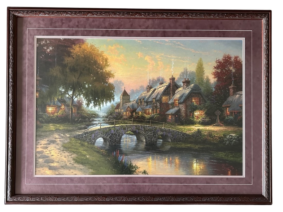 Thomas Kinkade's "Cobblestone Bridge Cobblestone Lane IV" Limited Edition Print: Thomas Kinkade's "Cobblestone Bridge Cobblestone Lane IV" limited edition print, numbered 26/2850 lower left. This piece has been professionally double matted with acid free matting, and has beautiful