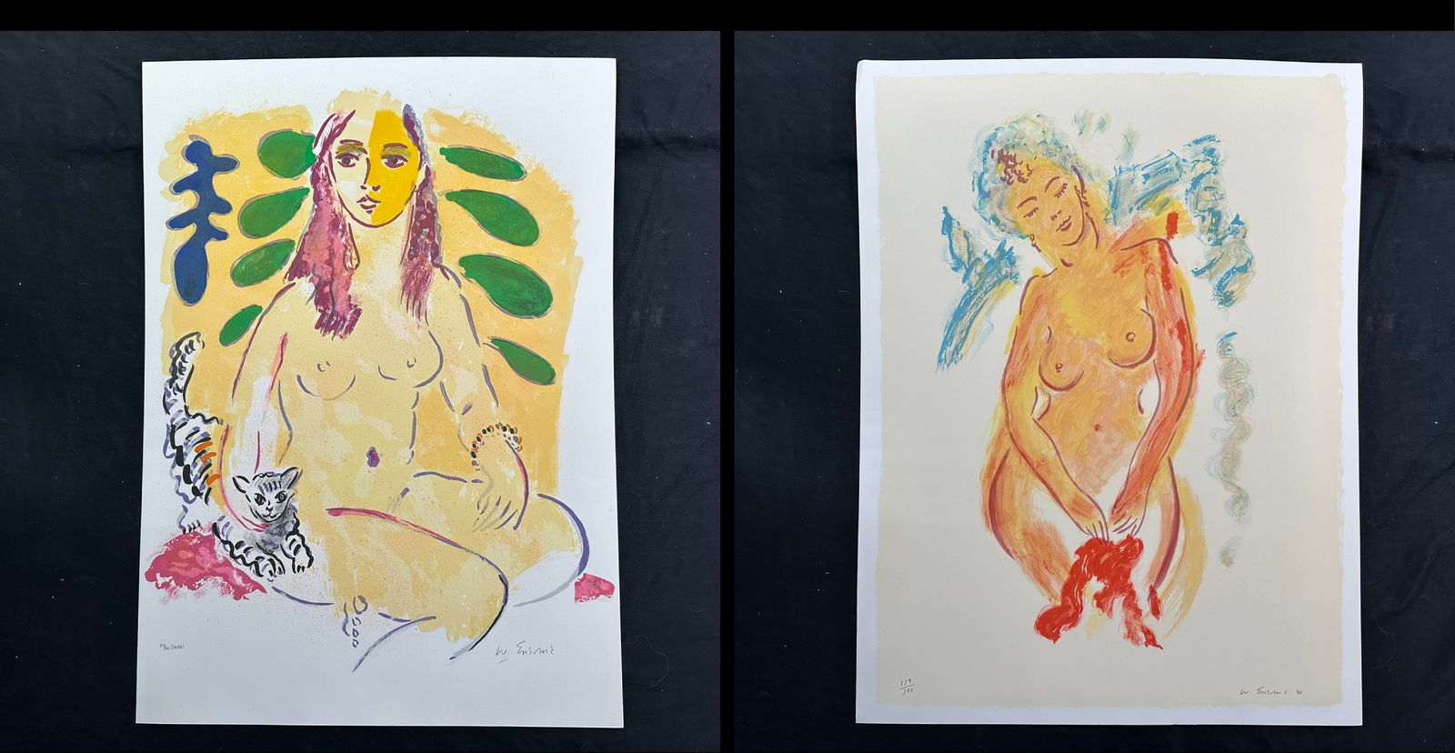 Wayne Ensrud Limited Edition Prints: Wayne Ensrud's "Female Nude" limited edition print, signed and numbered 139/300 lower right. Wayne Ensrud's "Lady with Cat" limited edition print, signed and numbered 84/100 State 1 lower right. Paper