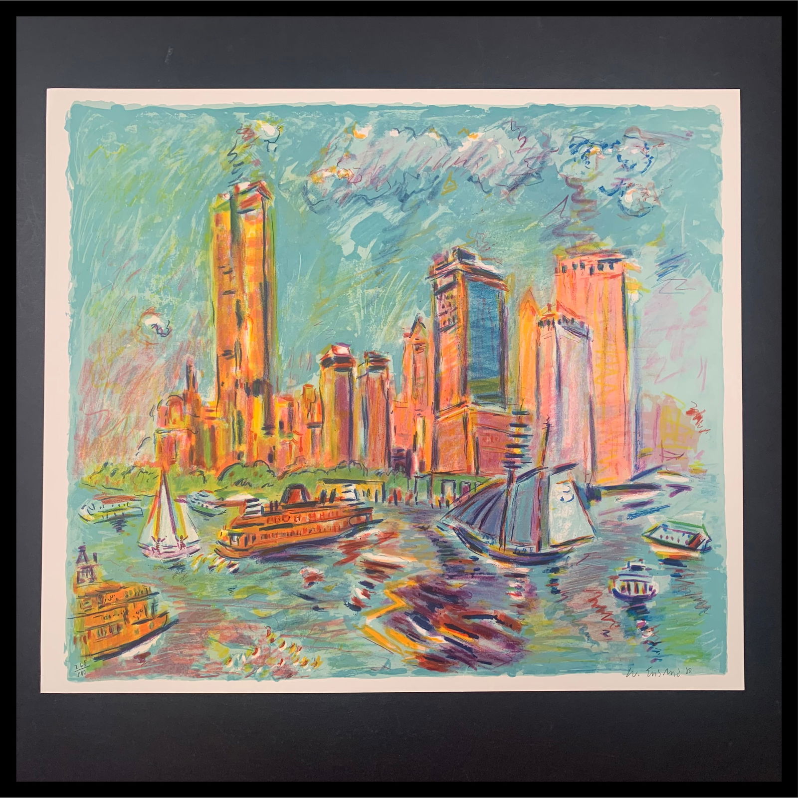 Wayne Ensrud's "New York" Limited Edition Print: Wayne Ensrud's "New York" limited edition print, signed lower right, and numbered 268/300 lower left. A bright and colourful pieec of the New York skyline, with a few boats in the water in the foregro