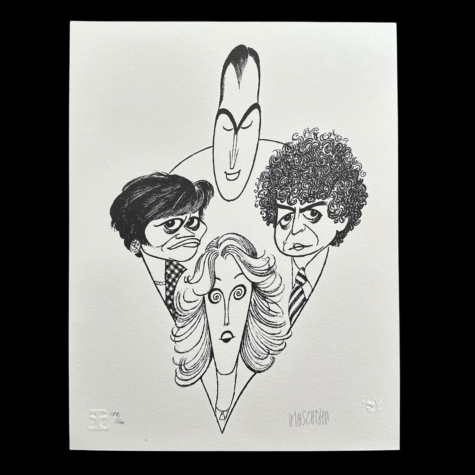 Al Hirschfeld's "The Four Chiefs" Limited Edition Print: Al Hirschfeld's "The Four Chiefs" limited edition print, signed lower right and numbered 188/500 lower left. From the World Federation of United Nations Associations collection. Included with certific