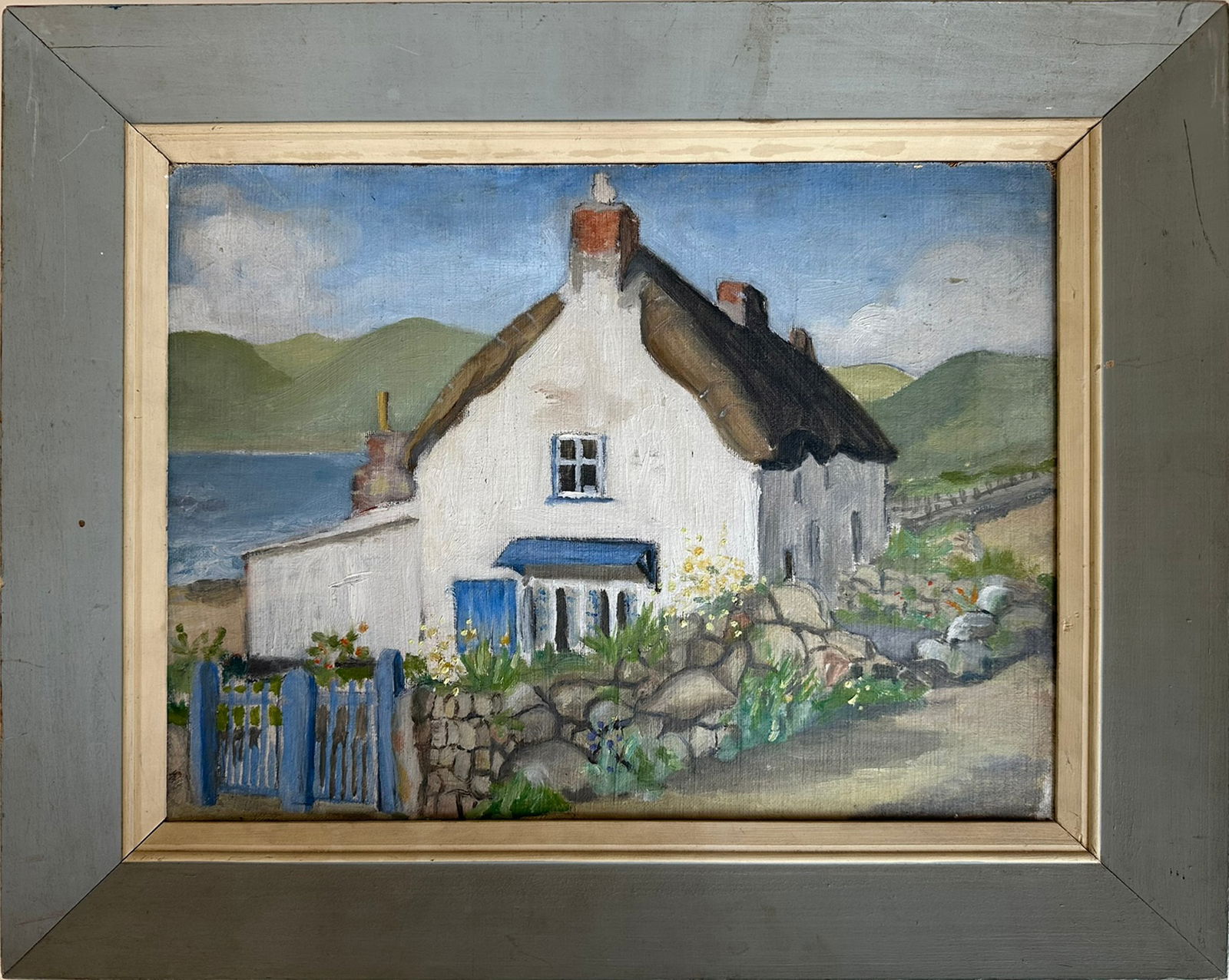 Attributed to Arthur Lismer - “Cottage by the Sea" - Original Oil on Reeves Dalston Canvas Board: Presented here is a captivating and idyllic original oil painting on board, attributed to Arthur Lismer (1885–1969), a founding member of Canada’s celebrated Group of Seven. Titled “Cottage by t