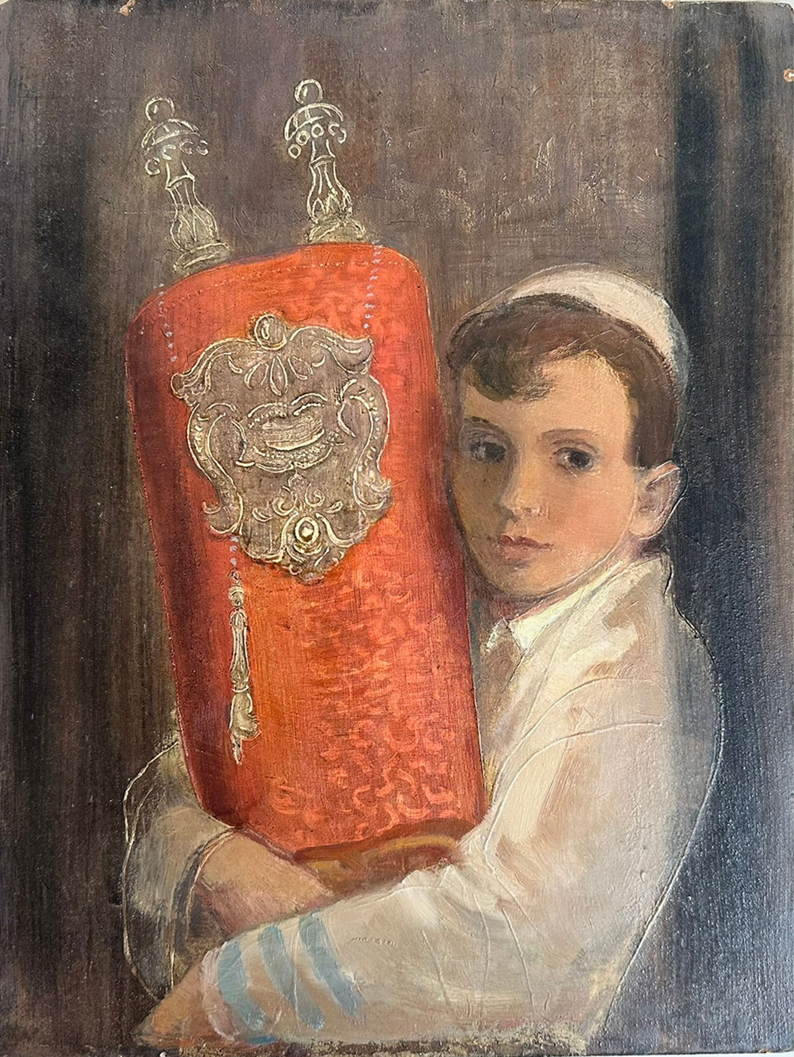 Eric Goldberg Original Oil Painting "Boy with Torah" - Rare Judaica Artwork on Panel, ca. Mid-20th (1 of 3)