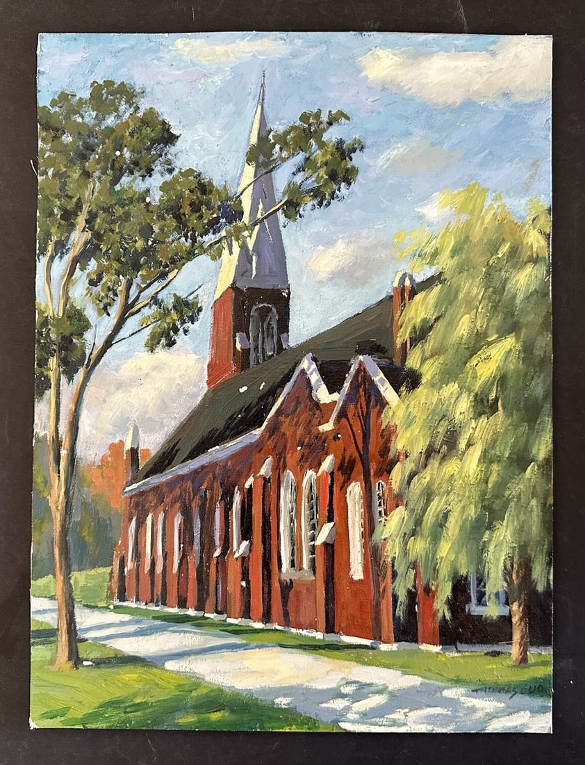 Thomas Guo's "Church in Aurora" Original: Thomas Guo's "Church in Aurora" original acrlyic on artist board, signed lower right. Image: 15 3/4" x 11 3/4". Artist Board: 15 3/4" x 11 3/4".