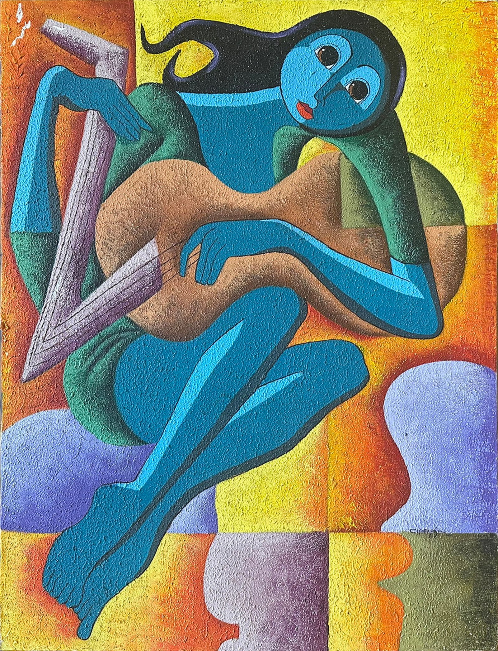 Vibrant Abstract Cubist Figurative Painting by Ciprian, 2001 - 40" x 30" Acrylic on Canvas (1 of 4)