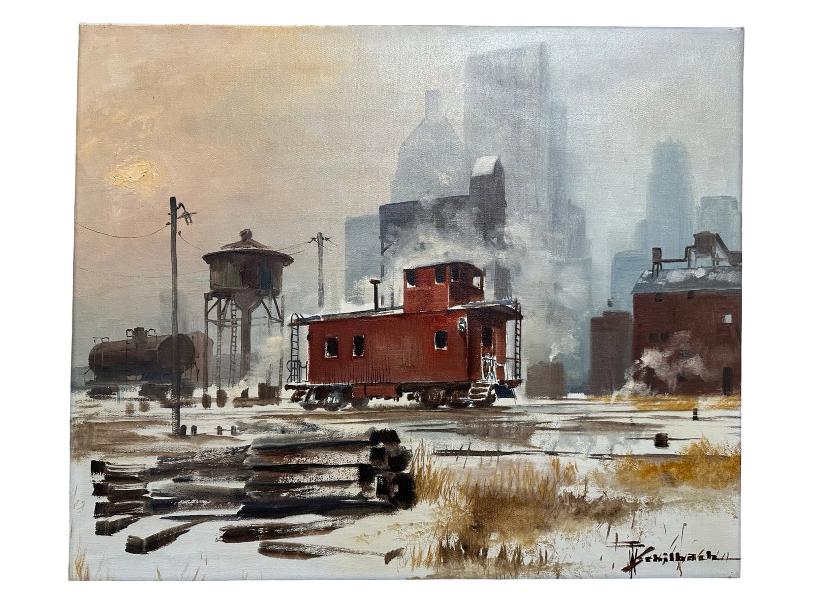 Frederic W. Schilbach's "Industrial Red Caboose with Cityscape" Original: Immerse yourself in the captivating atmosphere of this masterfully executed oil on canvas painting, "Industrial Red Caboose with Cityscape", by Frederich W. Schilbach, measuring 20" x 24", depicting a
