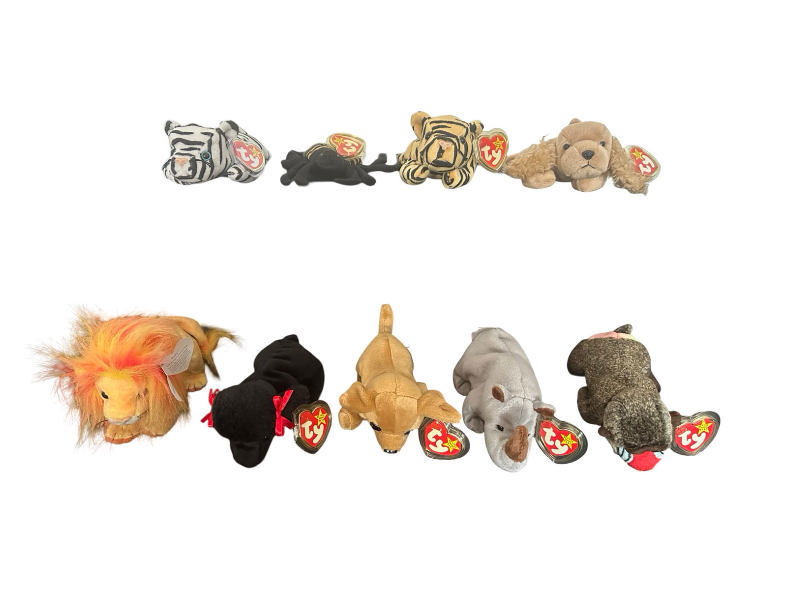 Ty Beanie Babies (Lot of 9) - Spinner the Spider, Stripes & Tundra Tigers, Spunky the Cocker: A vibrant, display-ready 9-piece Ty Beanie Babies animal menagerie, each with crisp heart swing tags protected in clear hard plastic cases. The group includes the fan-favorite Spinner (black spider wi