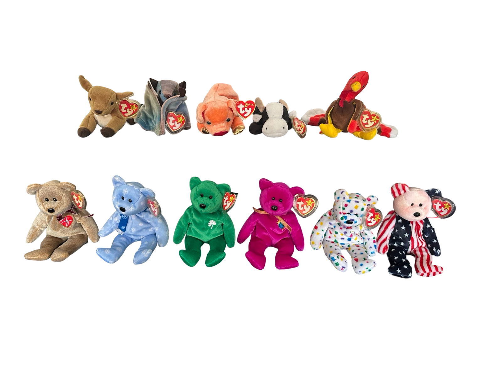 TY Beanie Babies Collection (11) - 1999 Signature Bear, 1999 Holiday Teddy), Erin, Millennium, Ty: Offered is a clean, display-ready 11-piece Ty Beanie Babies collection from the late-1990s/2000 era, each photographed exactly as shown with its original Ty heart swing tag housed in a clear hard plas