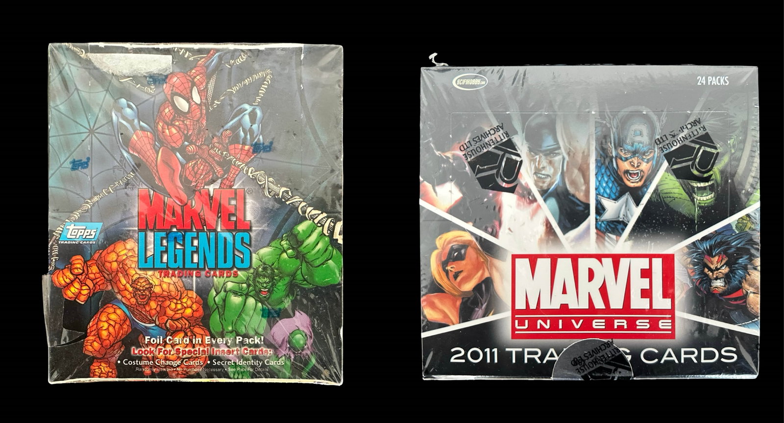 Marvel Universe and Marvel Legends Factory Sealed Trading Card Boxes: Marvel Universe and Marvel Legends factory sealed trading card boxes. Includes 2001 Topps Marvel Legends with 36 packs and 5 cards per pack. And 2011 Rittenhouse Marvel Universe with 24 packs and 5 ca