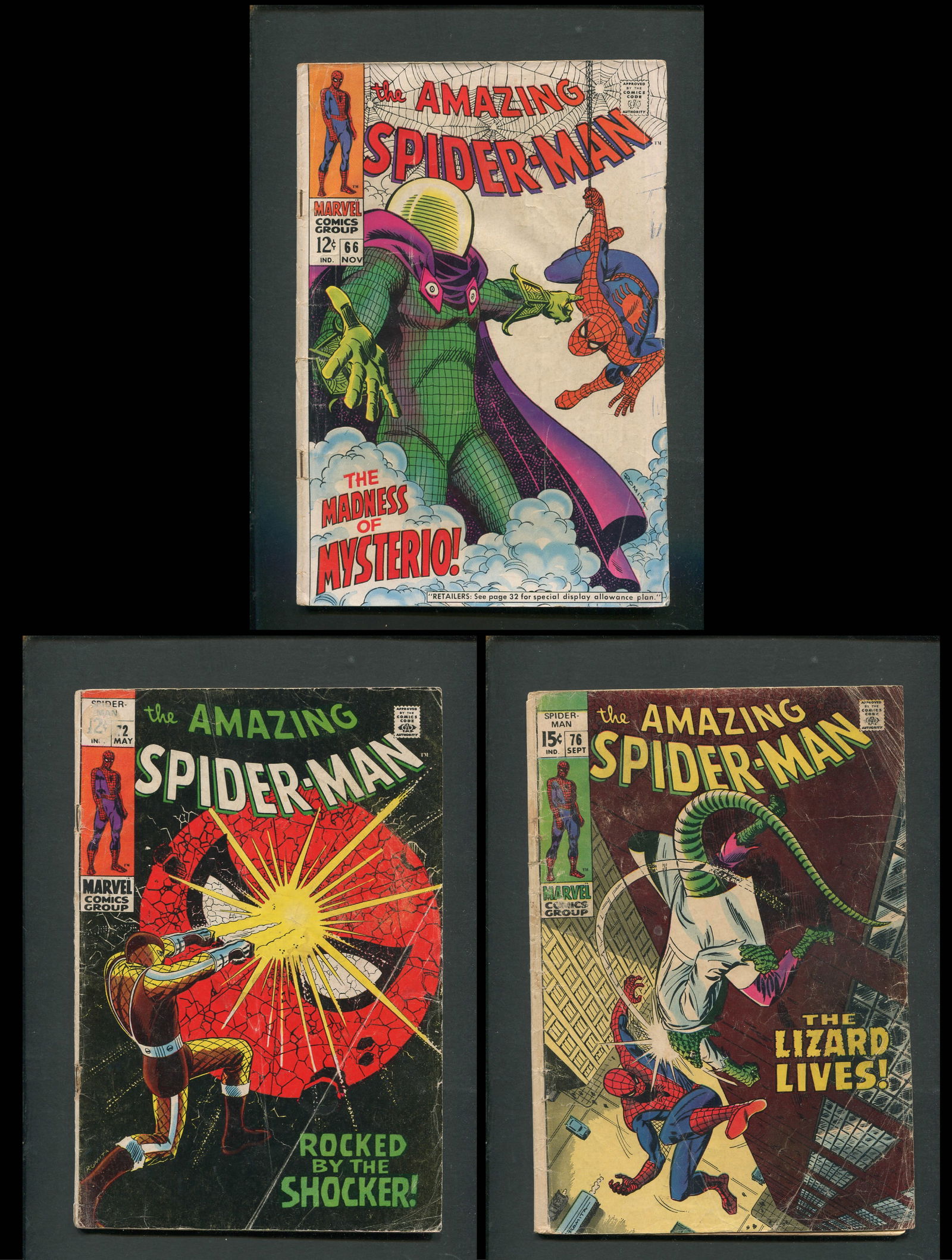 Original Amazing Spider-Man Comic Lot - Issues #43 (1966), #111 (1972), and #160 (1976) - Silver &: This exceptional lot includes three original first-print issues from Marvel Comics’ flagship title, The Amazing Spider-Man, spanning the Silver and Bronze Age of comic history. Each issue captures k