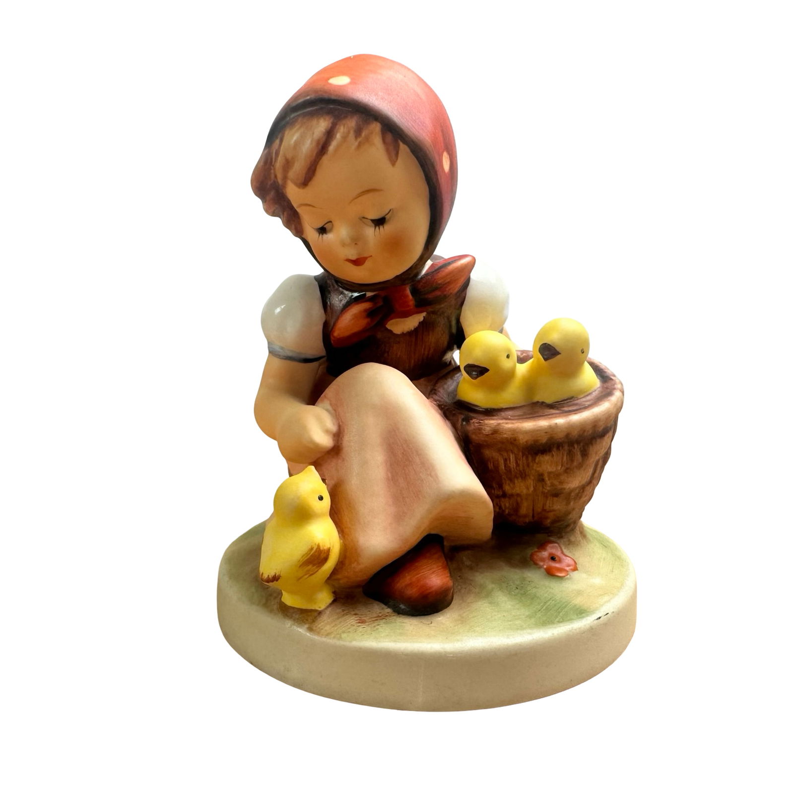 Charming Hummel Goebel Figurine #574, "Chick Girl" TMK-6, West Germany - Beautiful Condition: Presenting an enchanting Goebel Hummel figurine titled "Chick Girl", model #574. This beloved design captures the innocent charm of a young girl tenderly interacting with bright yellow chicks - two ne