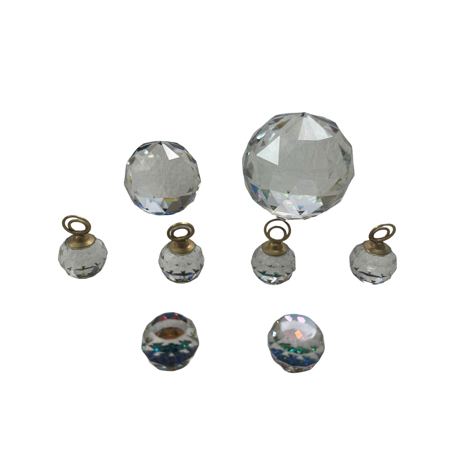Lot of 8 Swarovski Crystal Prism Balls - Clear & Aurora Borealis Rainbow Hanging Ornaments - Vintage: Up for auction is a stunning set of 8 vintage Swarovski crystal prism balls, featuring a brilliant combination of clear faceted spheres and multicolored Aurora Borealis (AB) rainbow-finished prisms. T