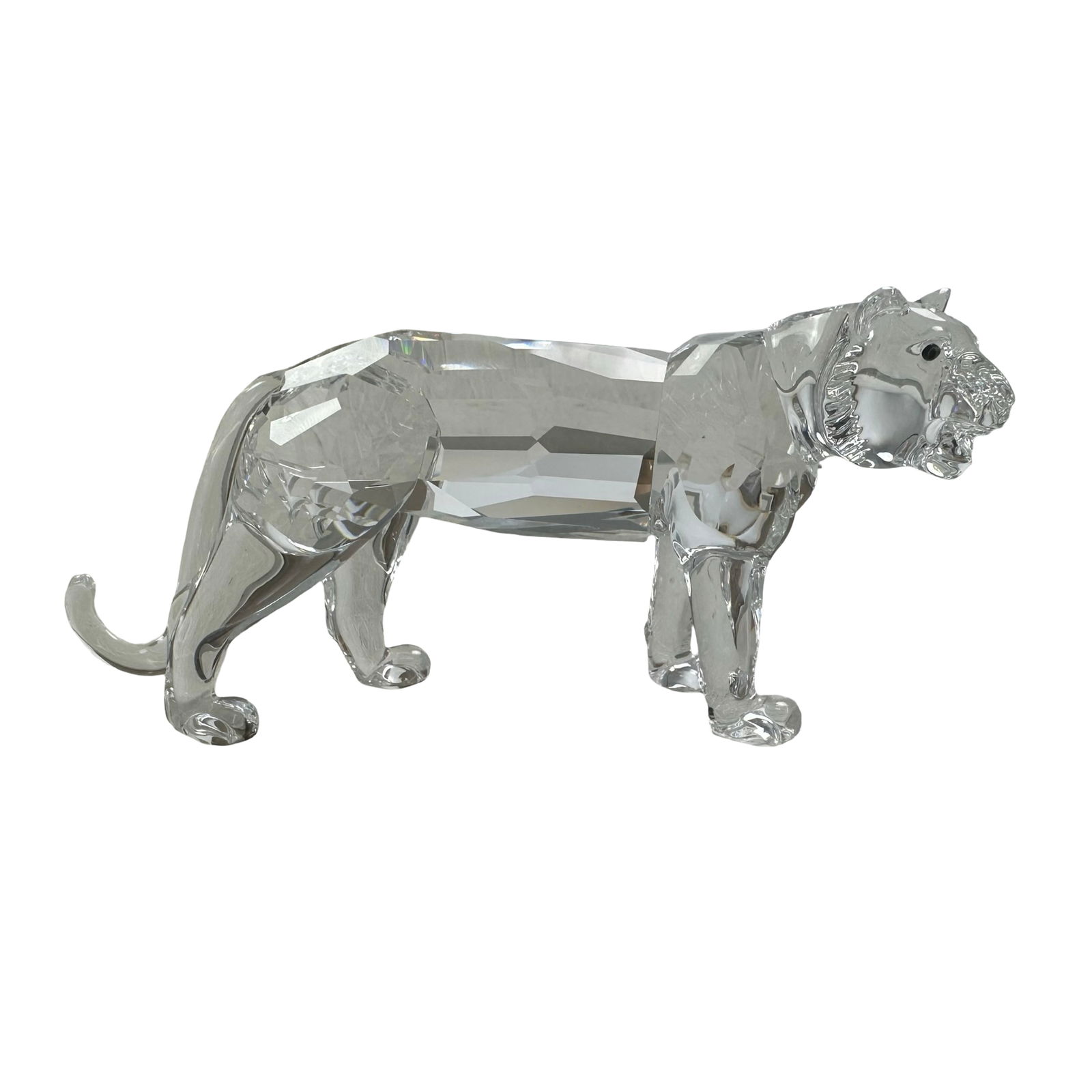 Swarovski Crystal Tiger Figurine #9100 000 128 with Box & Certificate - Retired Silver Crystal Wild: Discover the captivating elegance and fierce beauty of this retired Swarovski Crystal Tiger figurine, model #9100 000 128 (also known as the "Tiger" from the Swarovski Crystal Society's Endangered Spe
