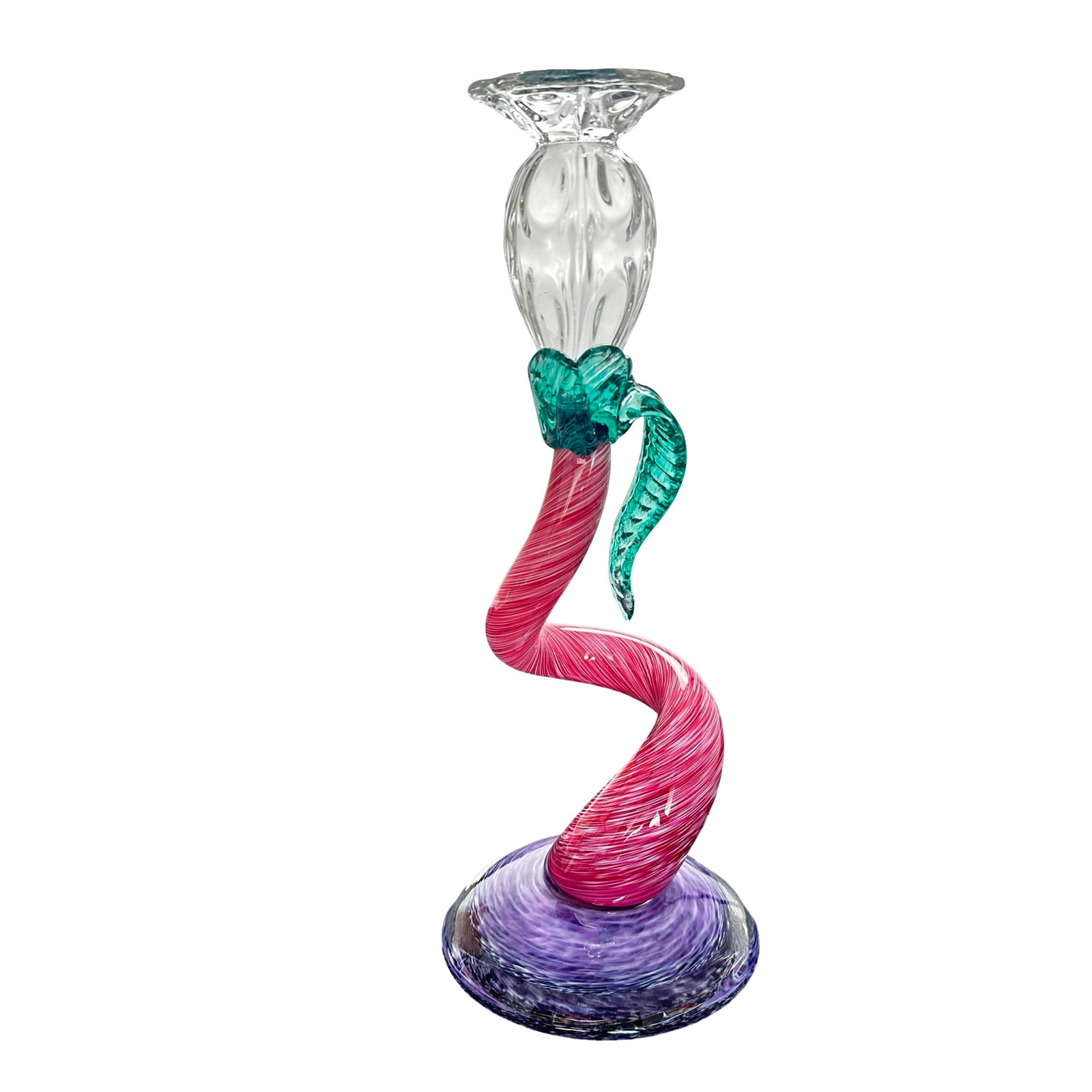 Stunning 1993 Lewis Raymond Olson Hand-Blown Glass Candlestick with Twisted Cane Stem and Applied: A magnificent example of contemporary studio art glass, this hand-blown candlestick by acclaimed American glass artist Lewis Raymond Olson, dated 1993, showcases vibrant craftsmanship and sculptural e