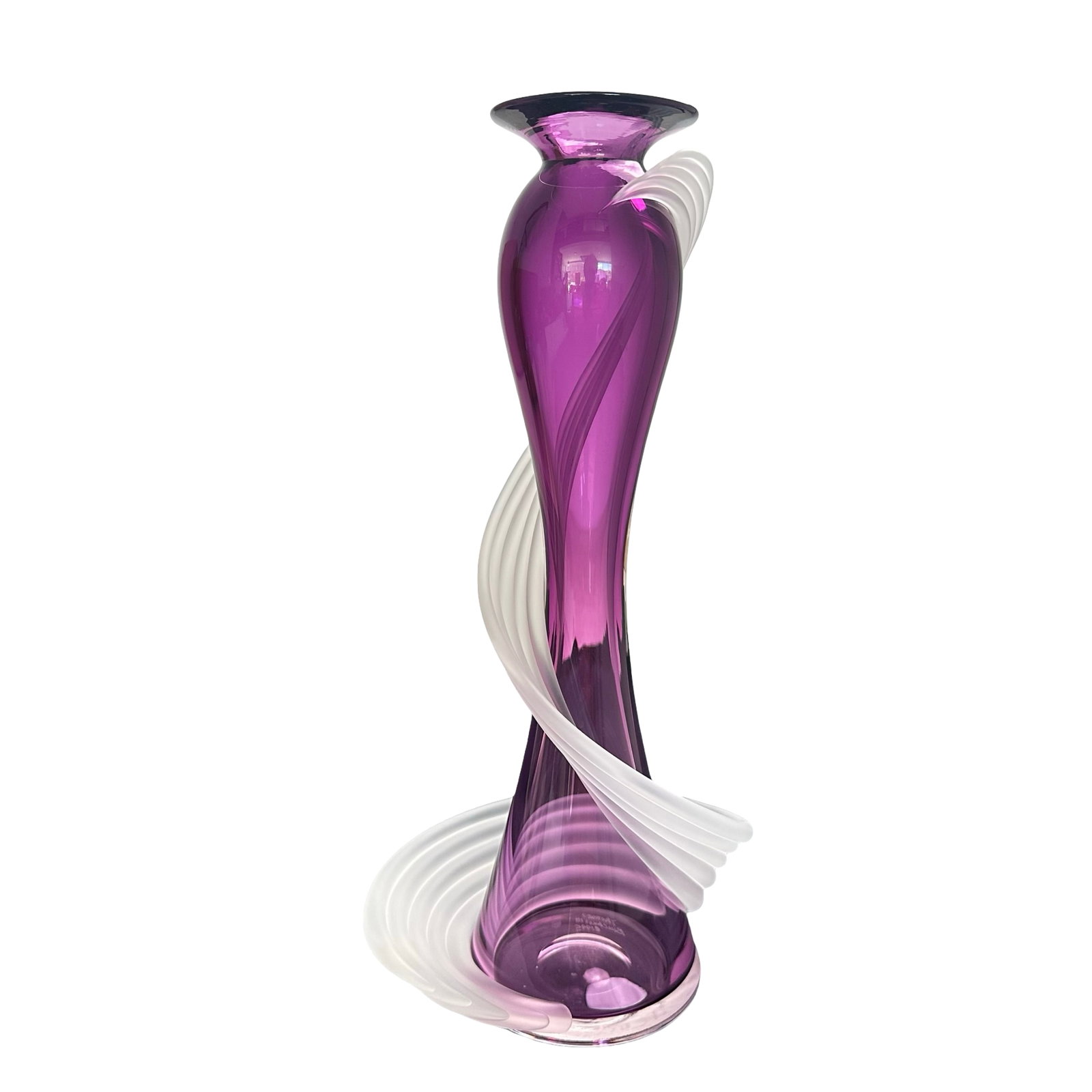 Thomas Buechner III 1995 Signed Studio Art Glass Sculpture - Amethyst & White Ribbon Swirl Vase,: Offered here is a stunning and masterfully executed hand-blown art glass sculpture by acclaimed American glass artist Thomas Buechner III, signed and dated 1995 on the base. This exceptional piece is 