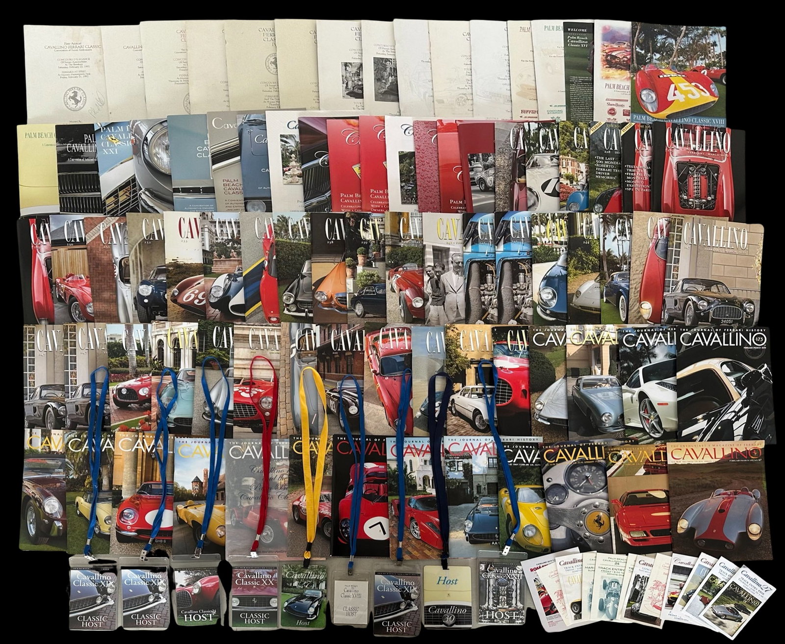 Cavallino Ferrari Magazines & Collector Show Programmes and Badges: A collection of Cavallino Ferrari magazines, accompanying collector show programmes, and a few badges from those shows. Includes magazines from 1992 to . Includes magazine numbers 67, 73, 121, 127, 13