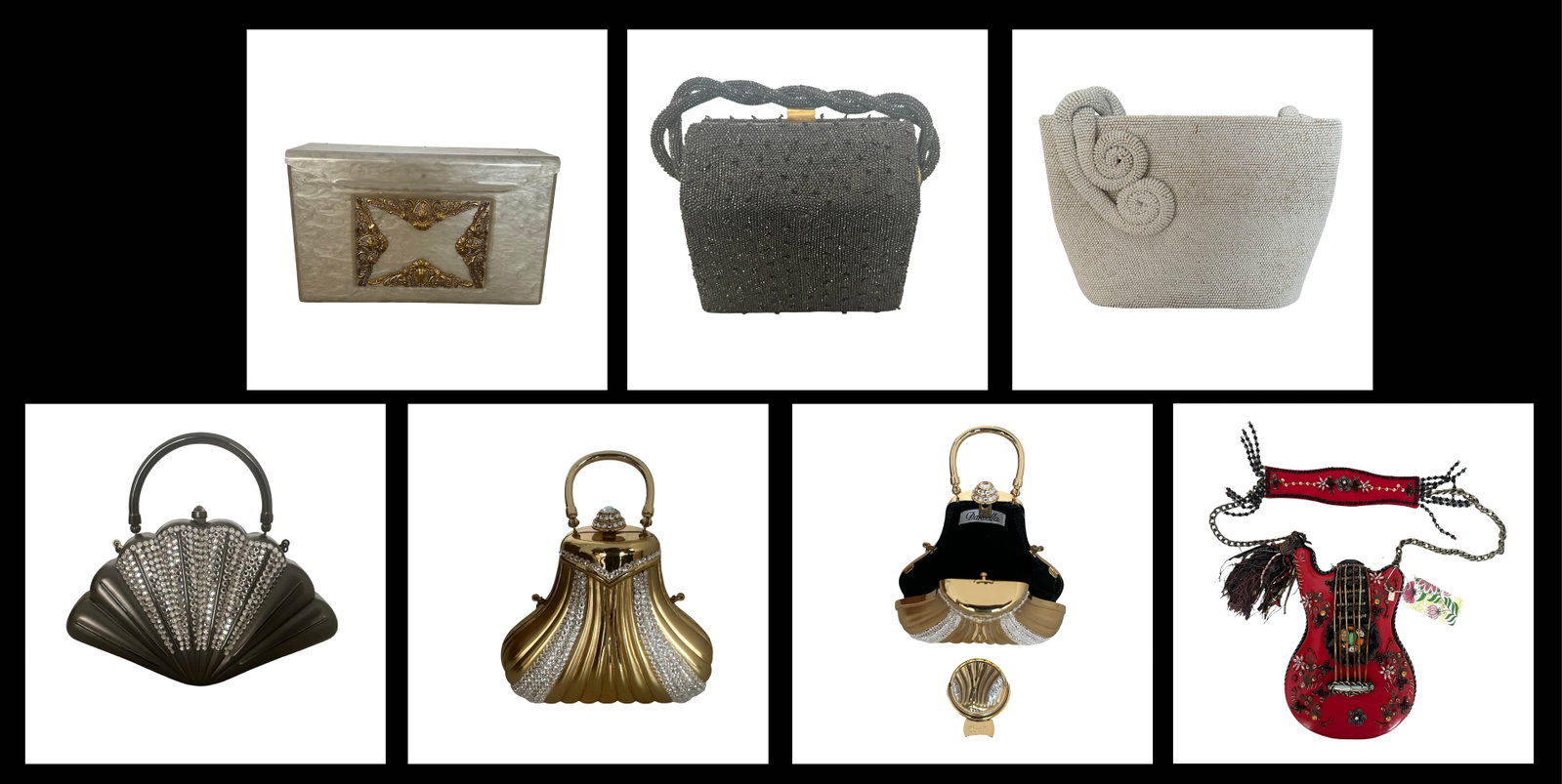 Exceptional Collection of 7 Vintage & Designer Statement Handbags - Beaded, Metal, and Novelty: Presented here is a rare and visually captivating collection of seven vintage and designer statement handbags, each a wearable work of art. This curated lot includes a diverse array of materials, craf