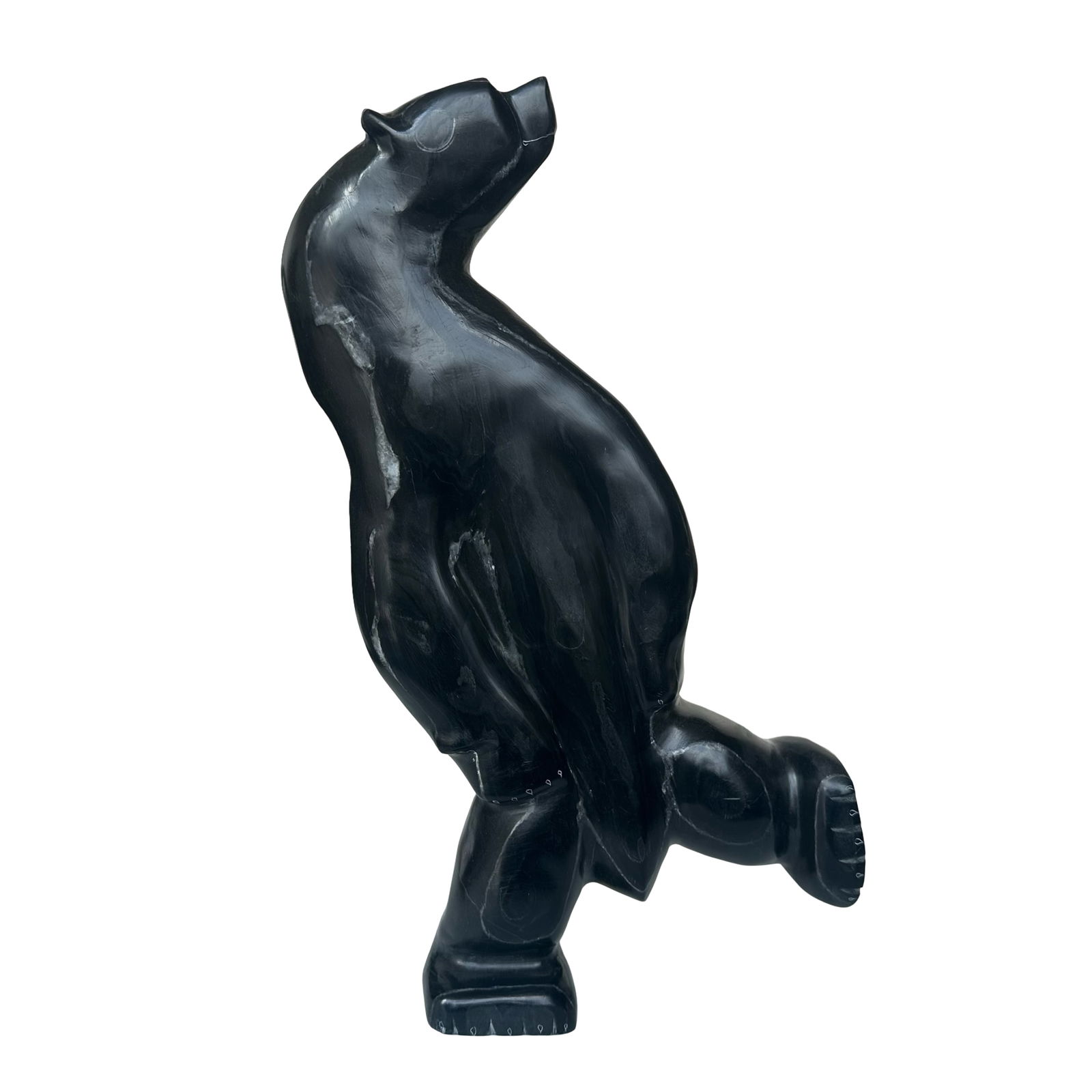 2017 George Arragutainaq Inuit Soapstone Sculpture - Dancing Bear from Sanikiluaq - Canadian: This exceptional Inuit soapstone carving, titled D. Bear, is a masterful work by renowned Canadian Inuk artist George Arragutainaq from Sanikiluaq, Nunavut. Created in 2017, this elegant sculpture dep