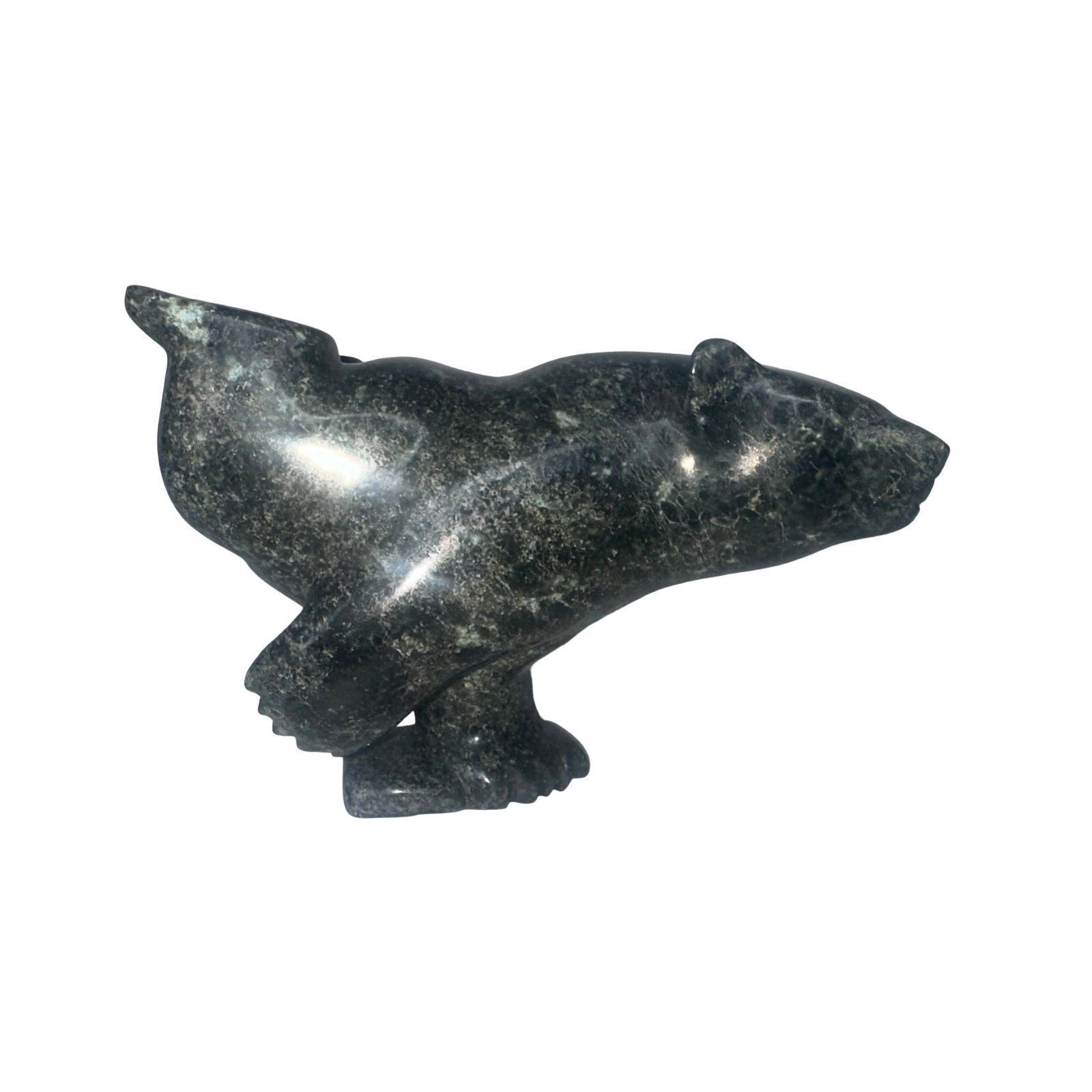 Alashua Sharky - Bear, 2024 - Cape Dorset - Inuit Carved Dark Green Serpentine Stone Sculpture with: A museum quality example of contemporary Inuit carving, this compact yet powerfully kinetic Bear by Alashua Sharky of Cape Dorset - Kinngait, Nunavut captures a polar bear mid-stride, its entire weigh