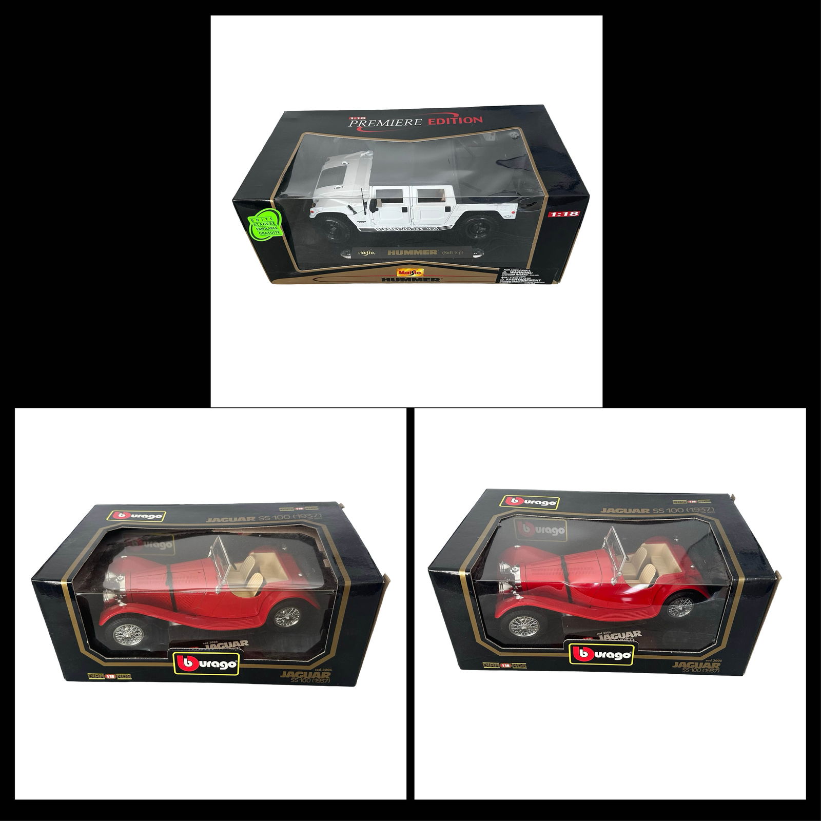 1:18 Die-Cast Model Car Collection - Maisto Hummer H1 Soft Top + Bburago Jaguar SS100 (1937) Red ×2: Offered here is a premium trio of 1:18 scale die-cast collectible model cars, each preserved in pristine, factory-sealed condition within their original display boxes - ideal for collectors or display