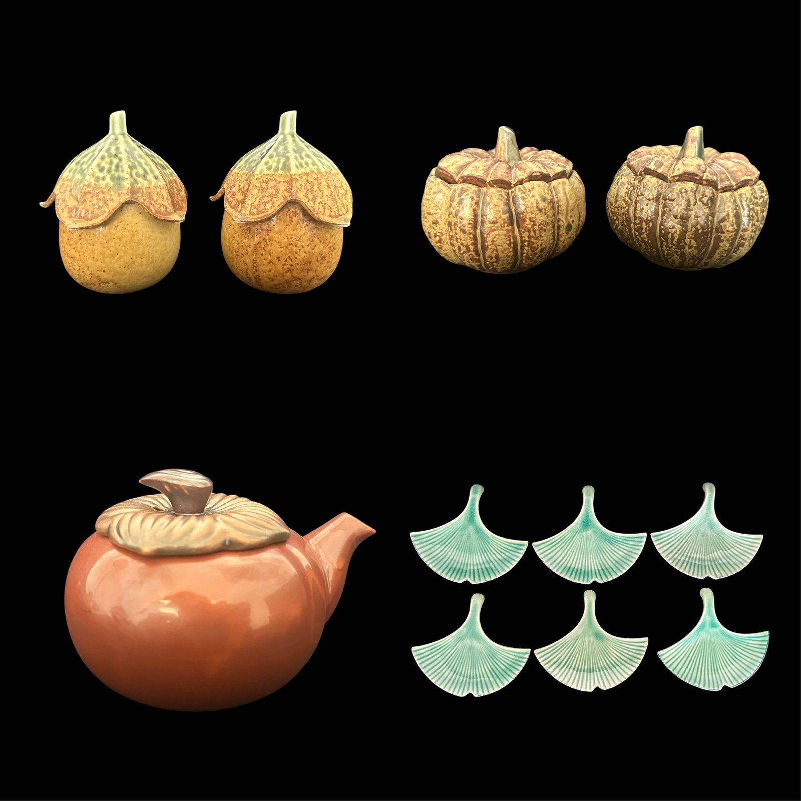 Artisan Studio Pottery Fall Harvest Collection - 13-Piece Handcrafted Ceramic Set: Pumpkin Teapot,: Offered is an exquisite 13-piece artisan studio pottery collection celebrating the beauty of the fall harvest season through expertly crafted, nature-inspired ceramics. Each piece in this curated set 