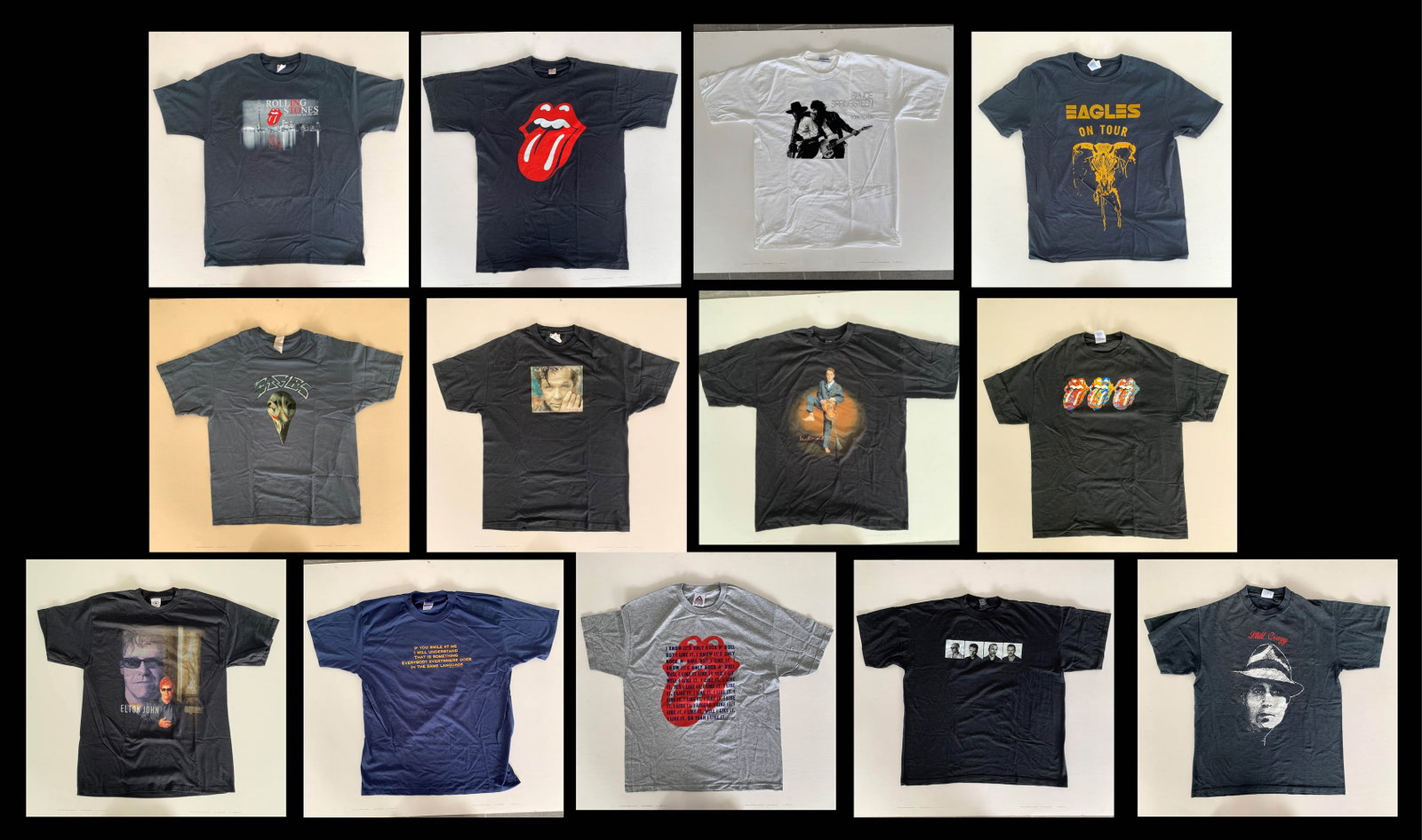Assorted Concert T-Shirts: A grouping of assorted concert t-shirts, all in excellent condition. Includes Rolling Stones x 4, Paul McCartney, John Mellenkamp, Eagles x 2, Bruce Springsteen, Elton John, Crosby Stills & Nash, and 