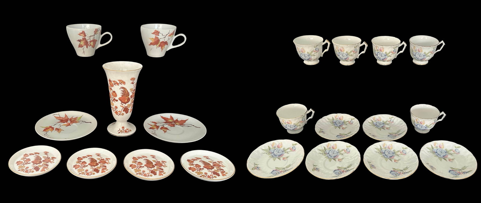 Aynsley, Mikasa & Wedgwood Fine China Cups & Saucers Grouping: Offered as one attractive, mix-and-match lot of high-quality English and Japanese bone china perfect for tea service or display. The main service is an Aynsley set of six footed teacups with six match