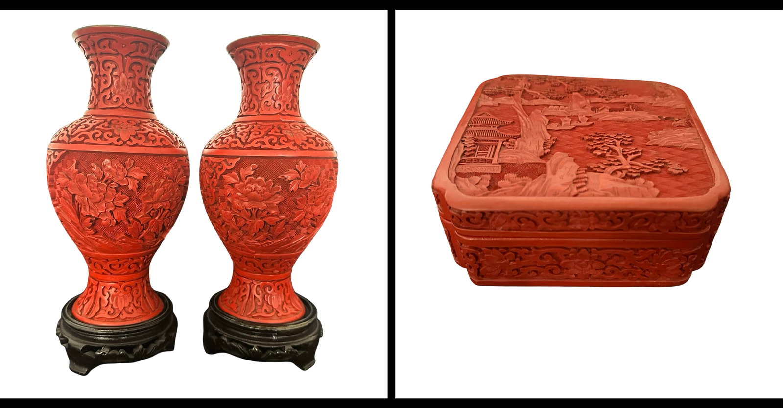 Chinese Cinnabar Carved Red Lacquer Collection - Scholar’s Landscape Covered Box & Matched Pair of: Presented is a cohesive group of authentic Chinese cinnabar carved red lacquer comprising one square covered box and one matched pair of baluster vases, each executed with deep, hand-carved relief and