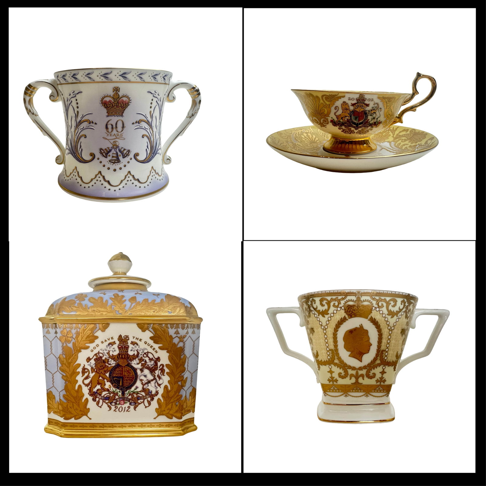 Exceptional Limited Edition Royal Commemorative English Fine Bone China Collection - Four-Piece Set: This outstanding single-lot offering comprises four rare and impeccably preserved limited-edition English fine bone china pieces, each produced to commemorate historic milestones in the reign of HM Qu