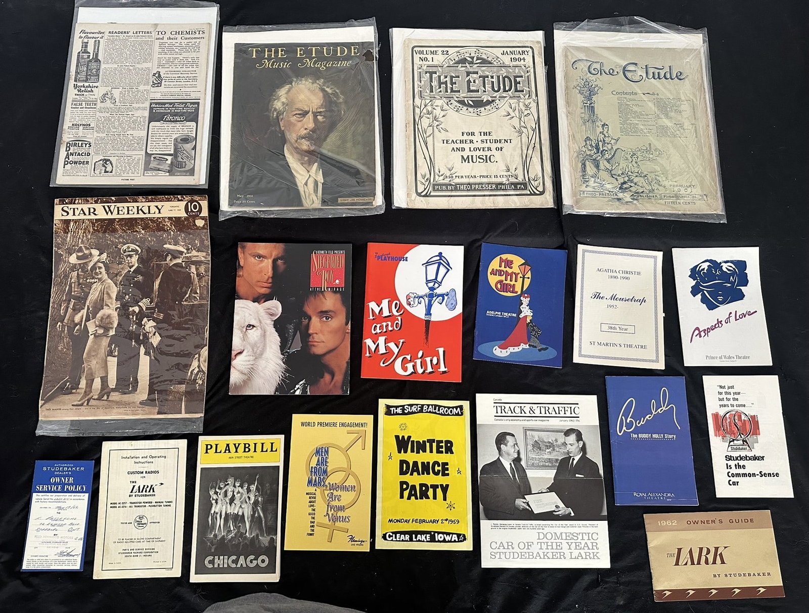 Exceptional Vintage Ephemera Collection - 1904-1990s Assortment Including The Etude Music Magazines,: A remarkable and diverse collection of 20 vintage printed works spanning nearly a century of cultural, theatrical, and automotive history. This meticulously preserved ensemble includes rare early 20th