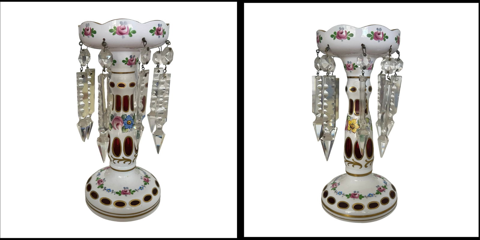 Pair of Antique Bohemian Moser-Style Mantle Lusters - Cranberry Cut to Clear with White Overlay,: Offered here is a rare and exquisite pair of antique Bohemian mantle lusters, attributed to Moser or a Moser-style workshop, dating circa 1880–1910. These stunning lusters exemplify the finest decor