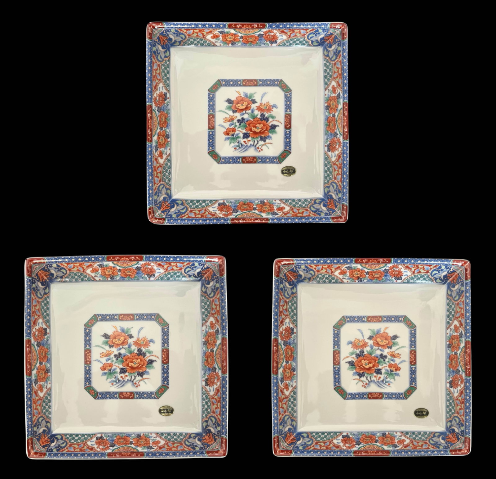 Set of 3 Japanese Imari-Palette Square Porcelain Serving Platters - Peony Medallion -: This is a matched trio of square porcelain serving platters, each decorated in the classic Imari palette (iron-red, cobalt blue, emerald green and soft turquoise) with a crisp central octagonal peony 