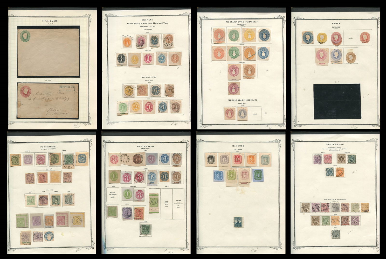 German States 1856 - 1894, a group of envelope cut outs on leaves, includes Wurtemberg, Baden, (1 of 9)