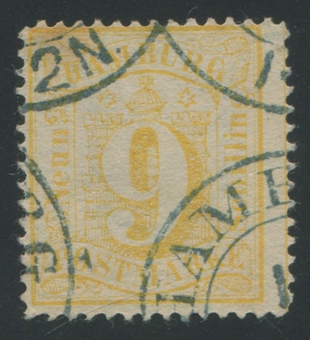 German State - Hamburg 1865-1865 #21, a used 9s yellow, perf 13 1/2, Scott value $2000, appears f-vf (1 of 1)