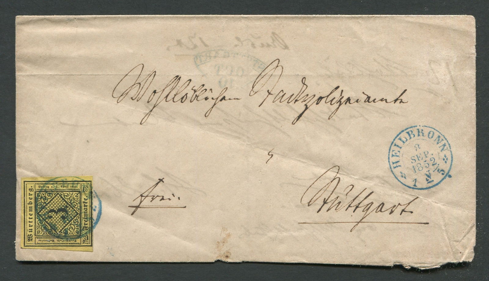 Wurttemberg 1851-1852 #2, a 3kr yellow and black tied to a folded letter with Hellbronn cds in blue (1 of 2)