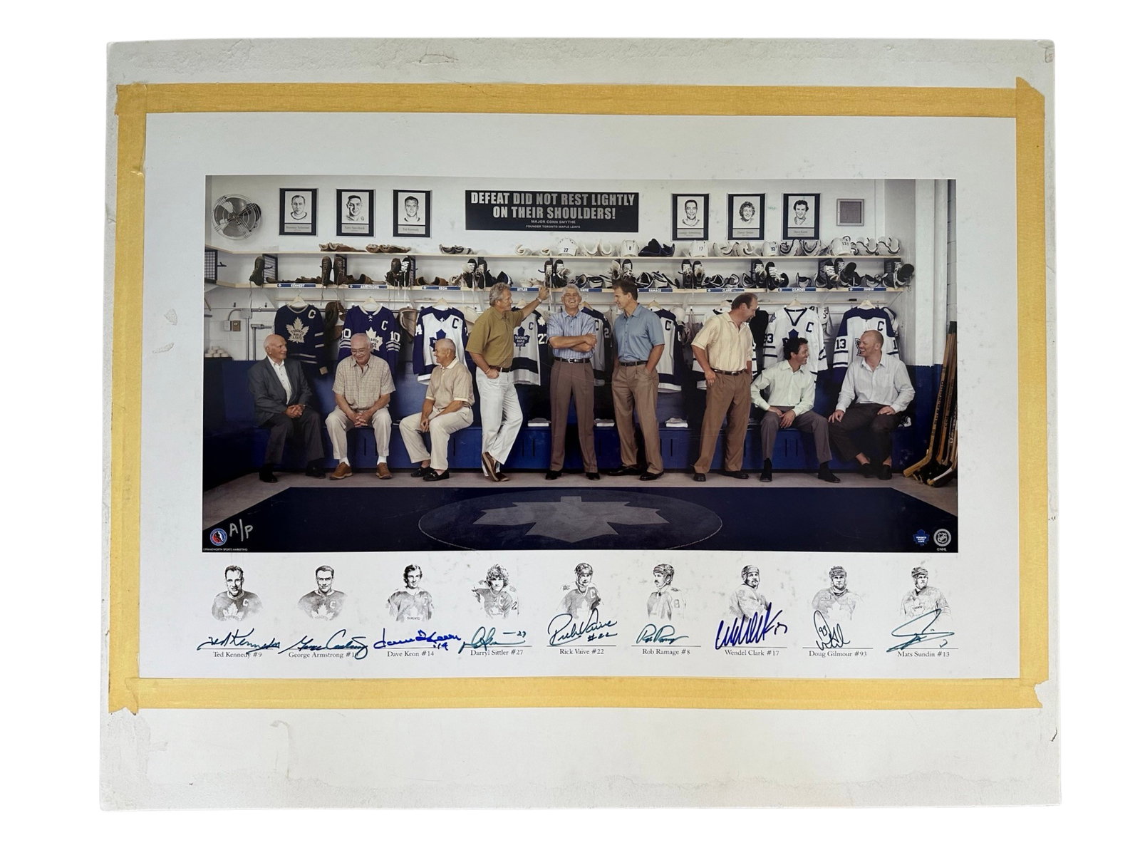 Toronto Maple Leafs "Captain's Row" with 9 Signatures: Toronto Maple Leafs "Captain's Row" autographed by 9 former captains. All 9 of these former Toronto Maple Leaf captains came together on June 16, 2005 for this photo. From left to right; Ted Kennedy,