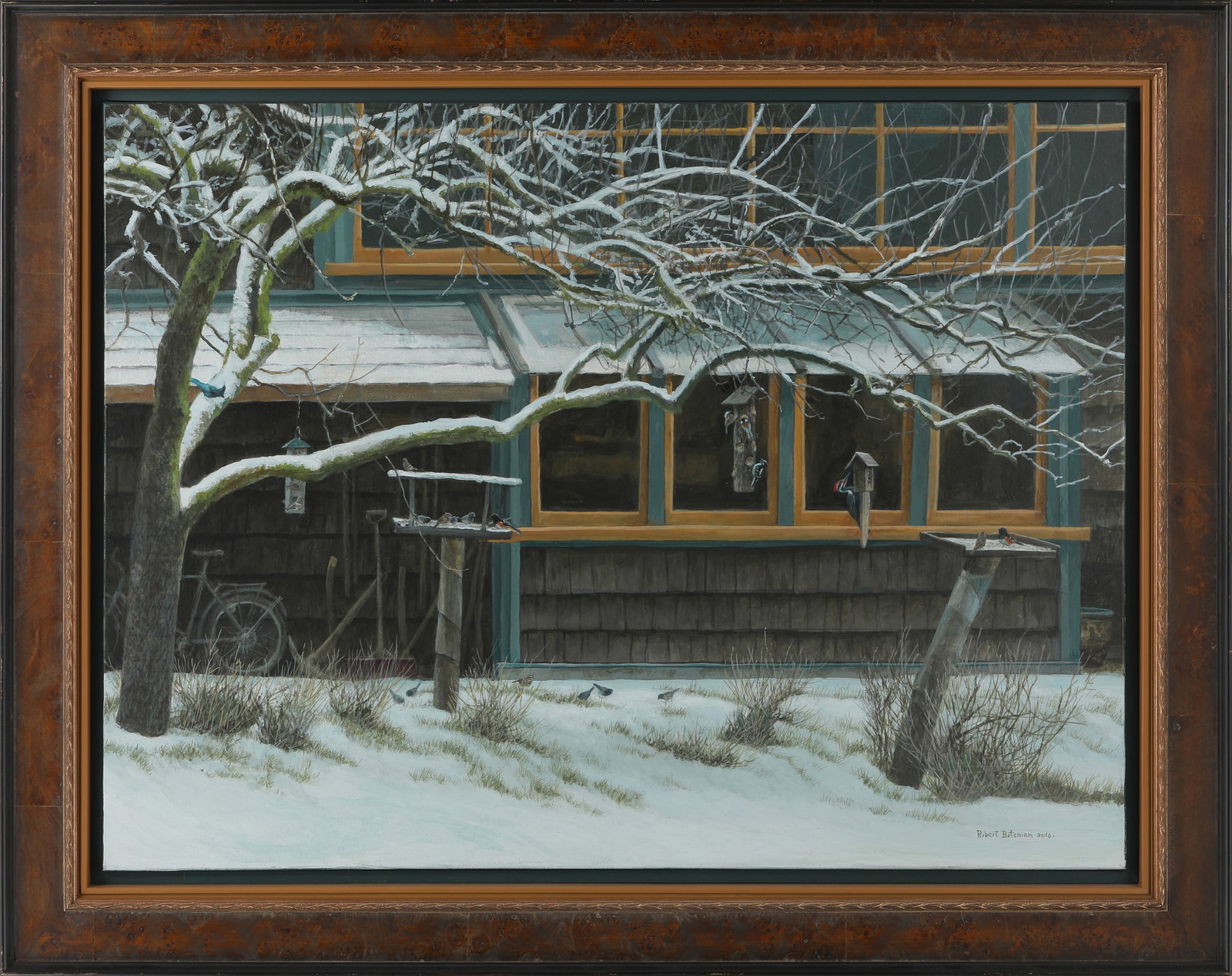 Robert Bateman's "Birdfeeders" Original: Robert Bateman "Birdfeeders" original acrylic on canvas painting. This painting is of a woodpecker and other birds at birdfeeder. This was painted in 2016 and is truly superb with lots of eye appeal.