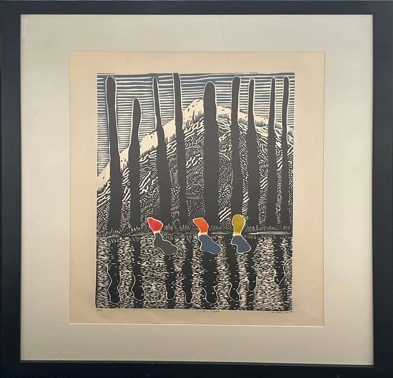 “Color Code" (1997) by Arnold Shives - Signed Limited Edition Woodblock Print, 11/20, Framed 39": Presented is a visually captivating and intellectually evocative original limited edition woodblock print titled “Color Code” by acclaimed Canadian artist Arnold Shives, created in 1997. Known