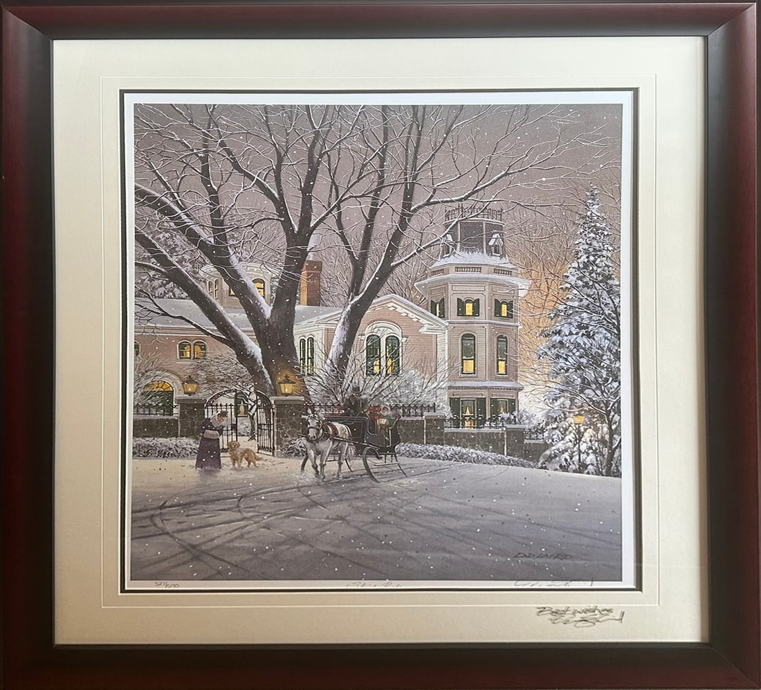 Doug Laird Limited Edition Print “Sleigh Ride?? - Signed, Inscribed, Custom Framed Under Glass -: Offered is an exceptionally elegant limited edition print titled Sleigh Ride by acclaimed artist Doug Laird, a masterfully composed winter scene capturing the romance and stillness of a snow-covered e
