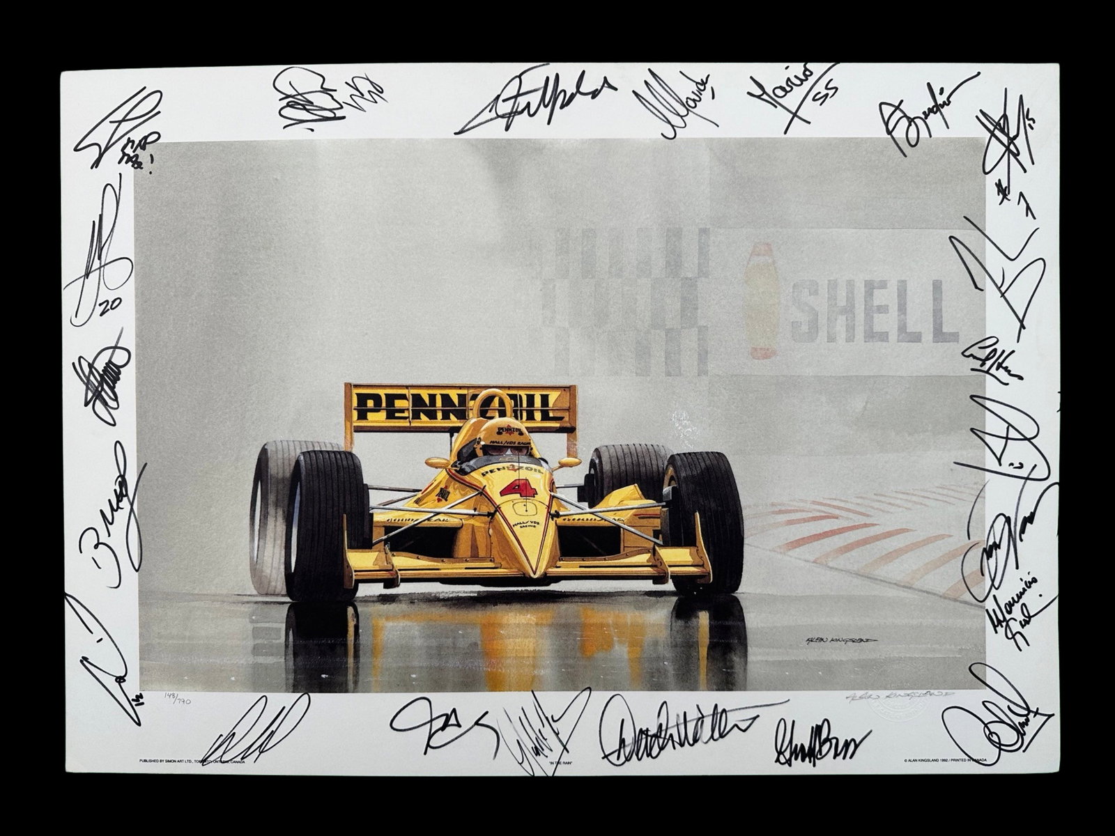 Alan Kingsland's "In the Rain" Limited Edition Print Signed by 22 Drivers: Alan Kingsland's "In the Rain" limited edition print, signed lower right and numbered 148/790 lower left. This piece has been signed by twenty-two race car drivers. All signed in person at different T