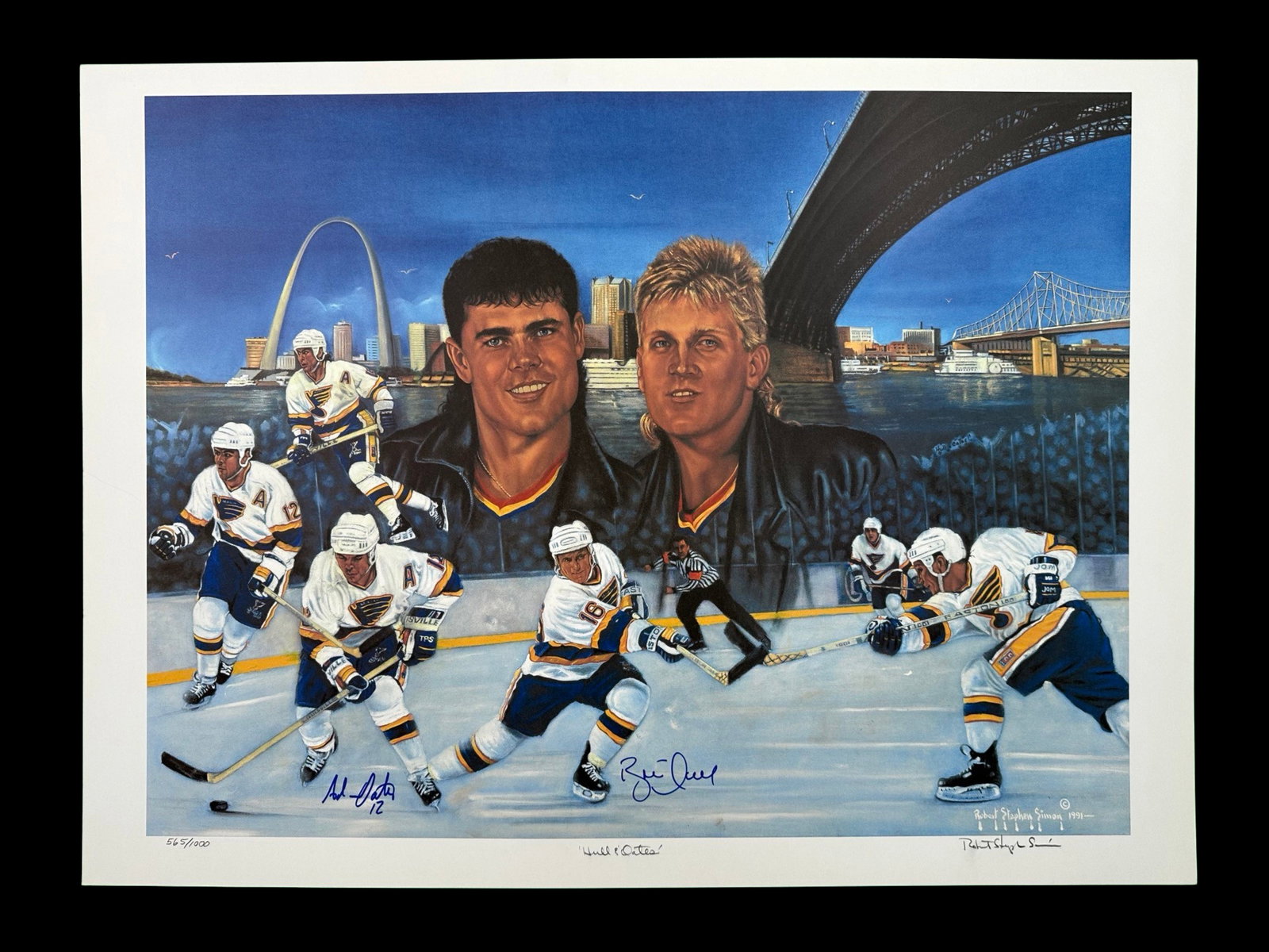 Robert Stephen Simon's "Hull & Oates" Limited Edition Print Signed by Brett Hull & Adam Oates: Robert Stephen Simon's "Hull & Oates" limited pdition print, signed lower right and numbered 565/1000 lower left. This piece has been signed by Brett Hull and Adam Oates. Sports Memorabilia, Autograph
