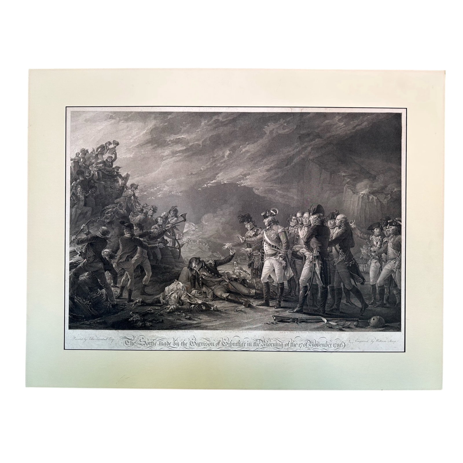William Sharp Original Etching c. 1799: An original antique etching, circa 1799, by William Sharp. Inscribed, The Sortie Made By the Garrison of Gibraltar in the Morning of the 27 of November 1781. This piece is in Great condition for its a
