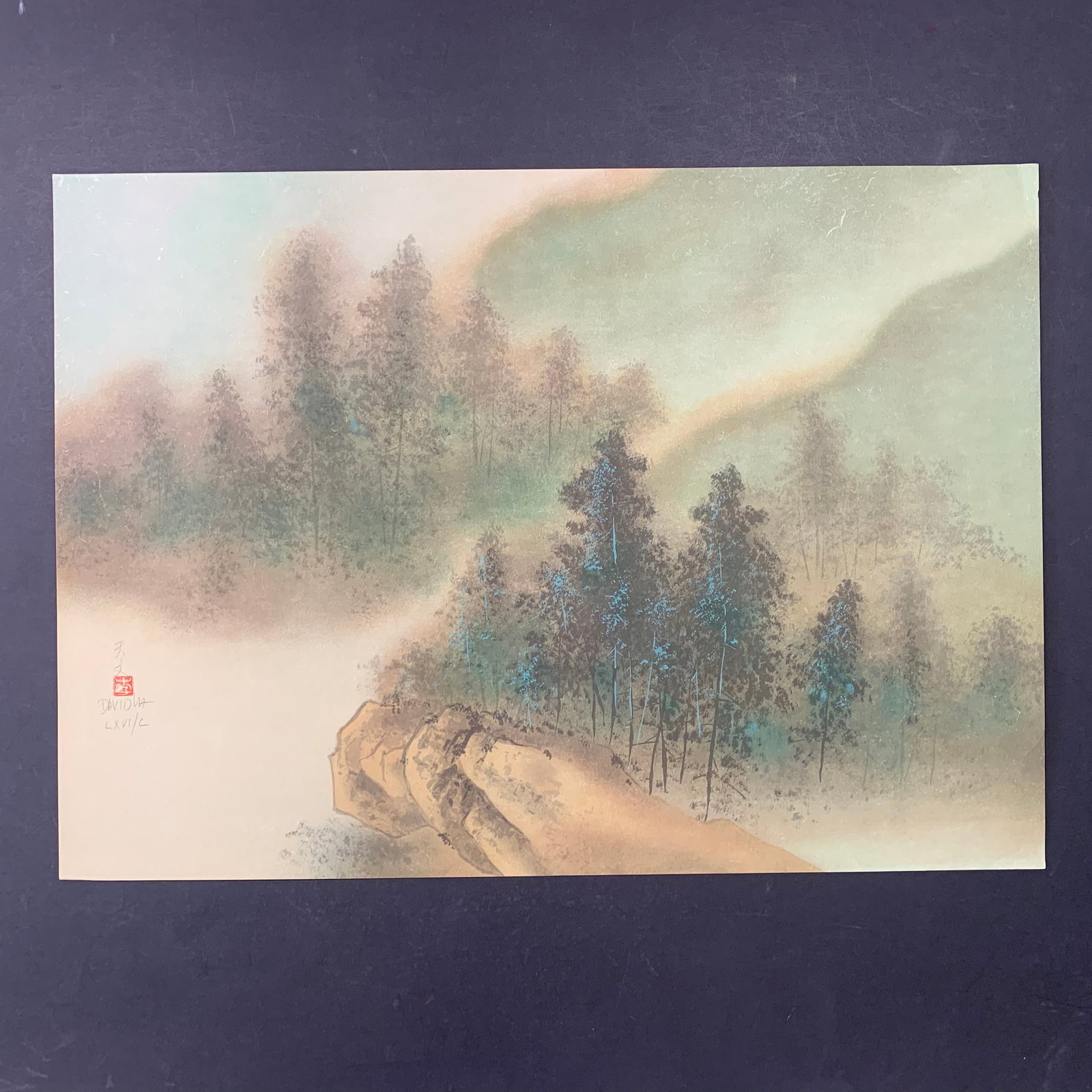 David Lee's "Mountain Forest 10" Limited Edition Print: David Lee's "Mountain Forest 10" limited edition print, signed and numbered LXVI/C lower left. This piece is of trees with a tree range and mountain in the background. This piece is in excellent condi